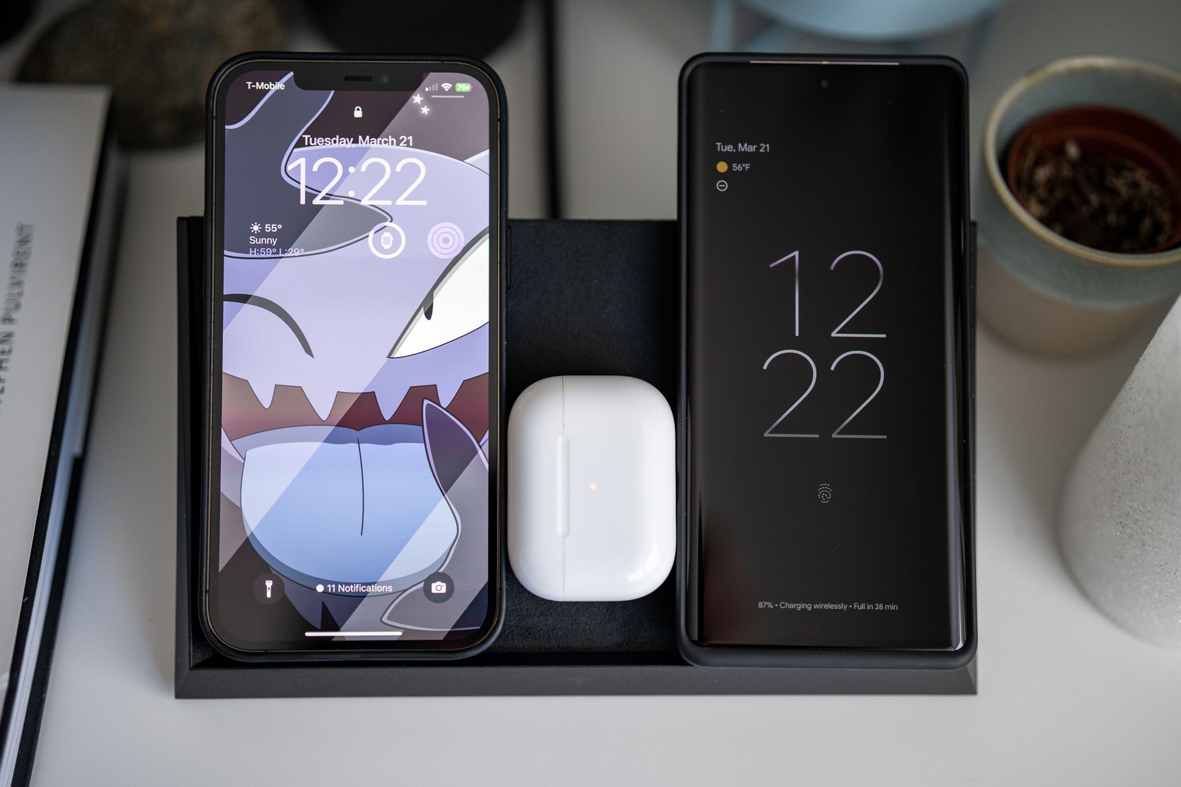 Your three simultaneously charging devices could, in theory, be a trio of phones. But with the size of most phones today, it's likely going to be a pair and some earbuds that juuust fit.