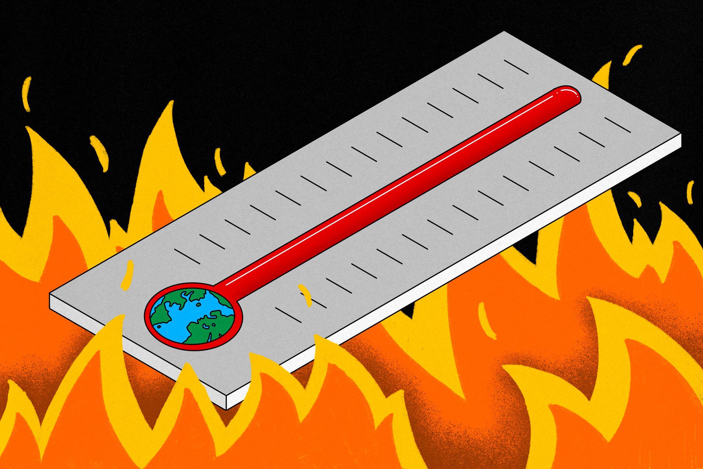 Art depicting a red thermometer above flames