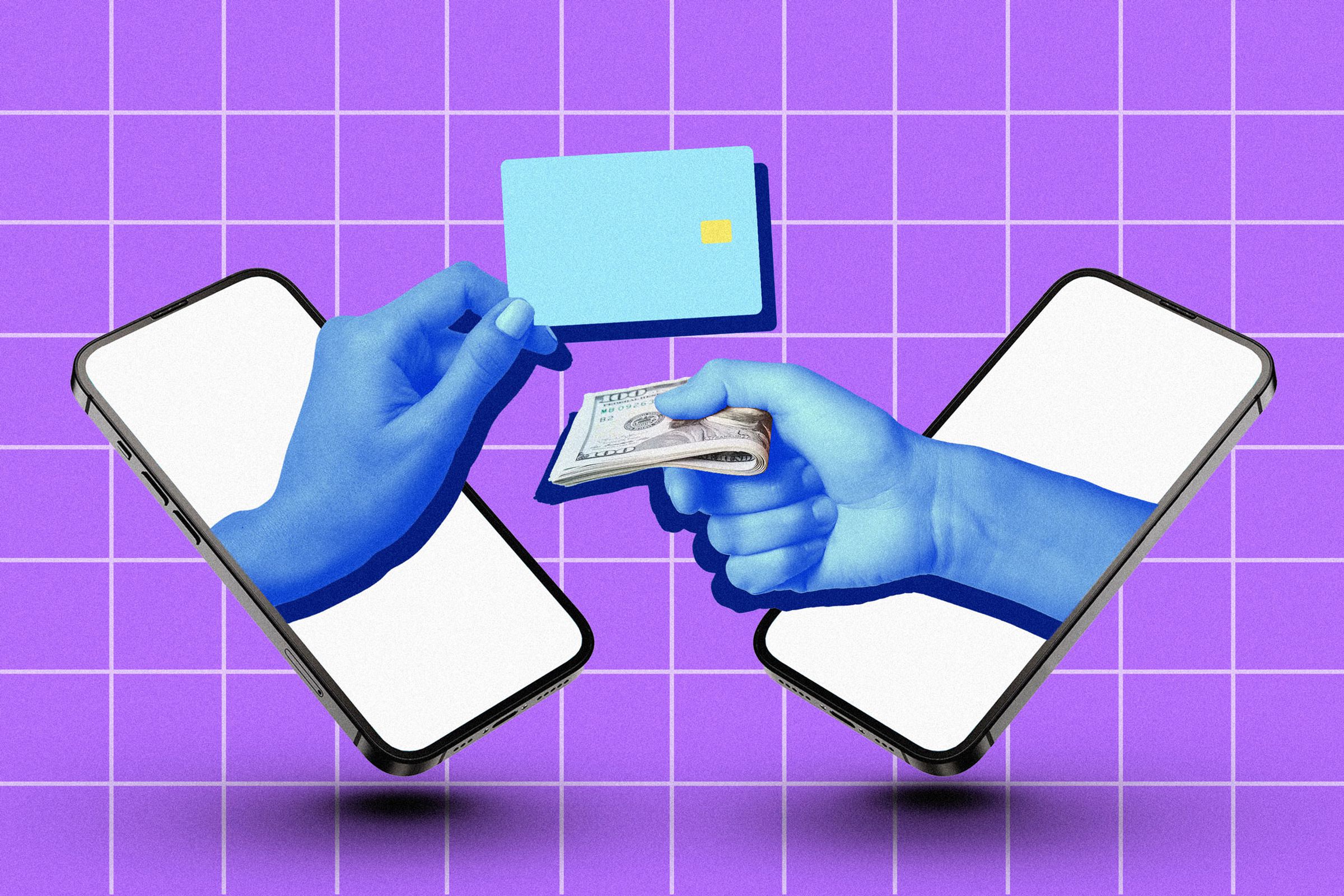 An illustration of two hands emerging from phones, one holding a credit card and one holding cash.