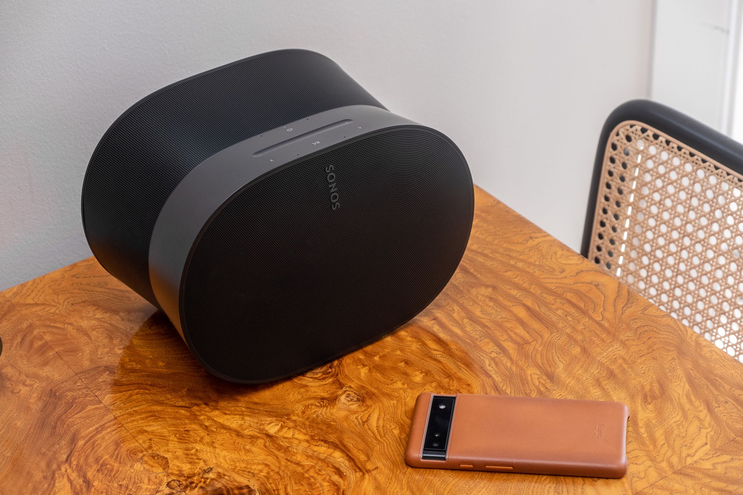 A photo of the Sonos Era 300 on a kitchen dining table.