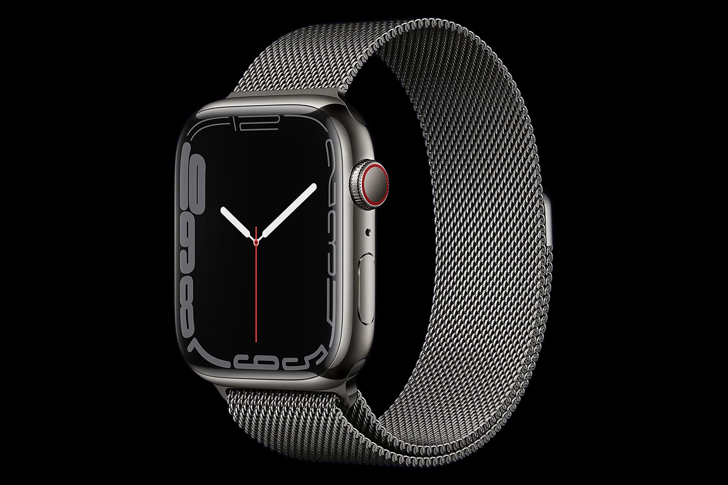 The graphite stainless steel Apple Watch Series 7 on a black background.