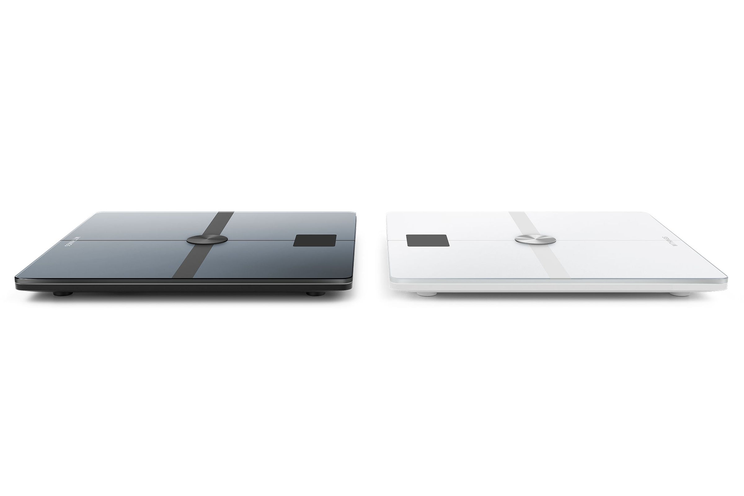 Black and white Withings Smart scales from side, sitting back-to-back.