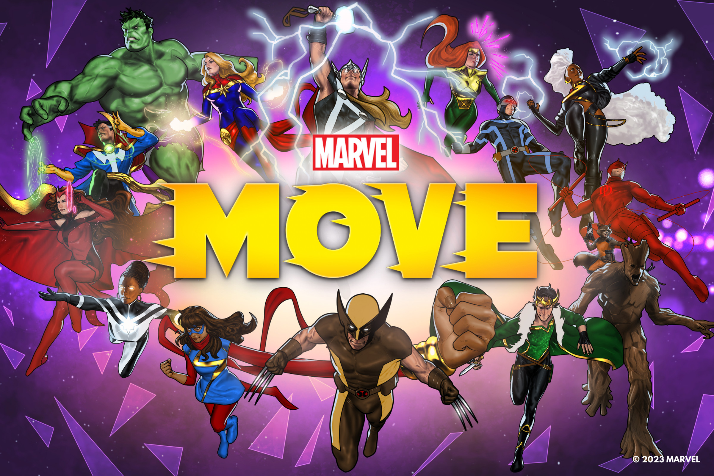 Promo image of Marvel Move featuring various characters like the X-Men, the Hulk, and Thor.