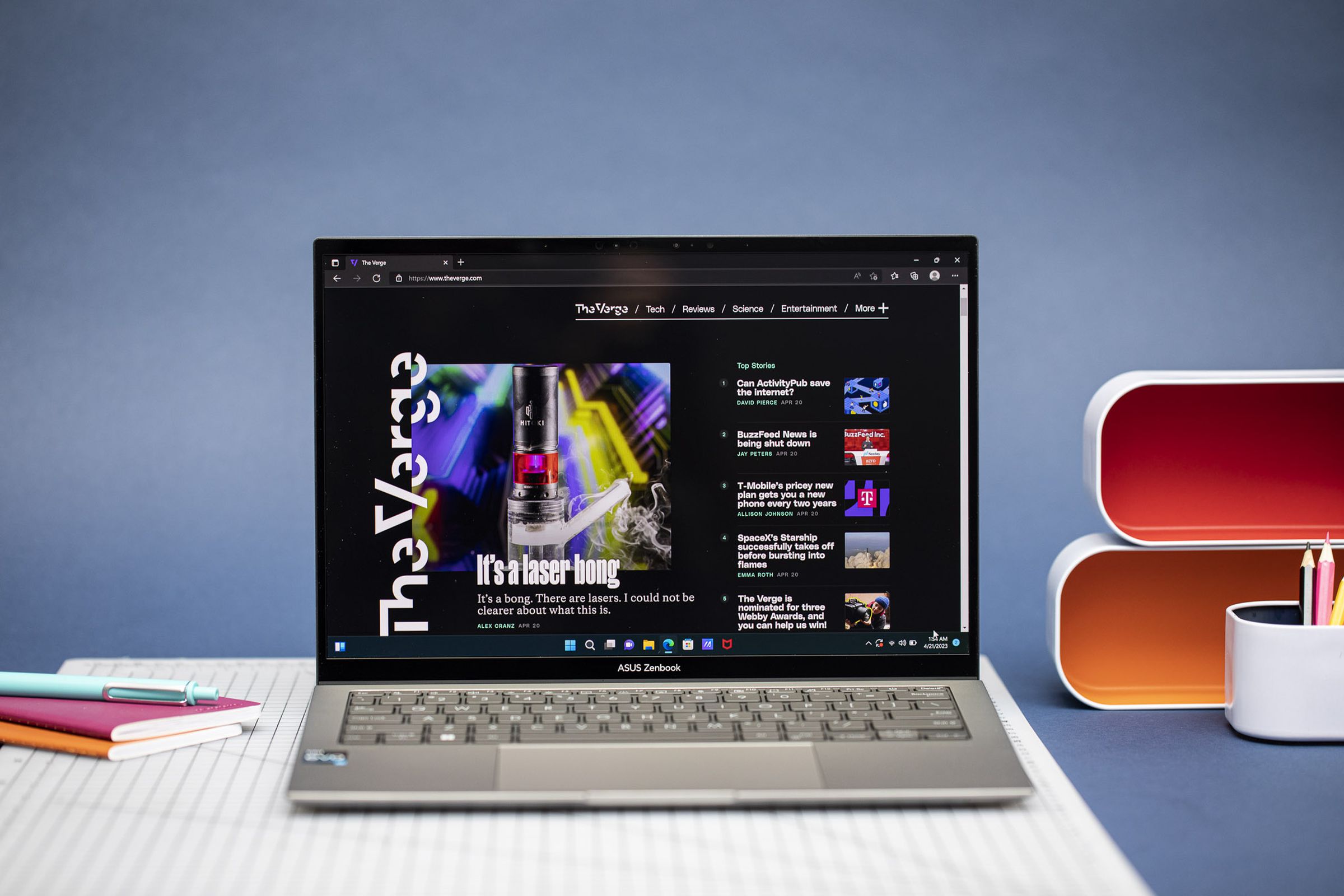 Best Laptop 2023: Asus Zenbook S 13 OLED displaying The Verge homepage.