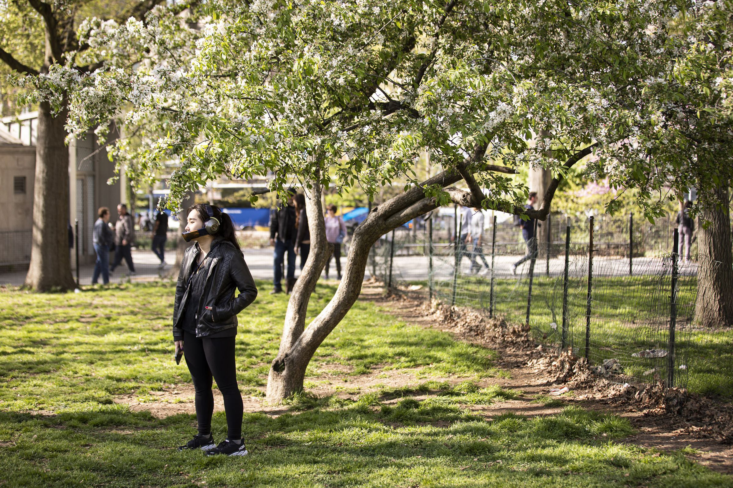 Person wearing the Dyson Zone while under a tree