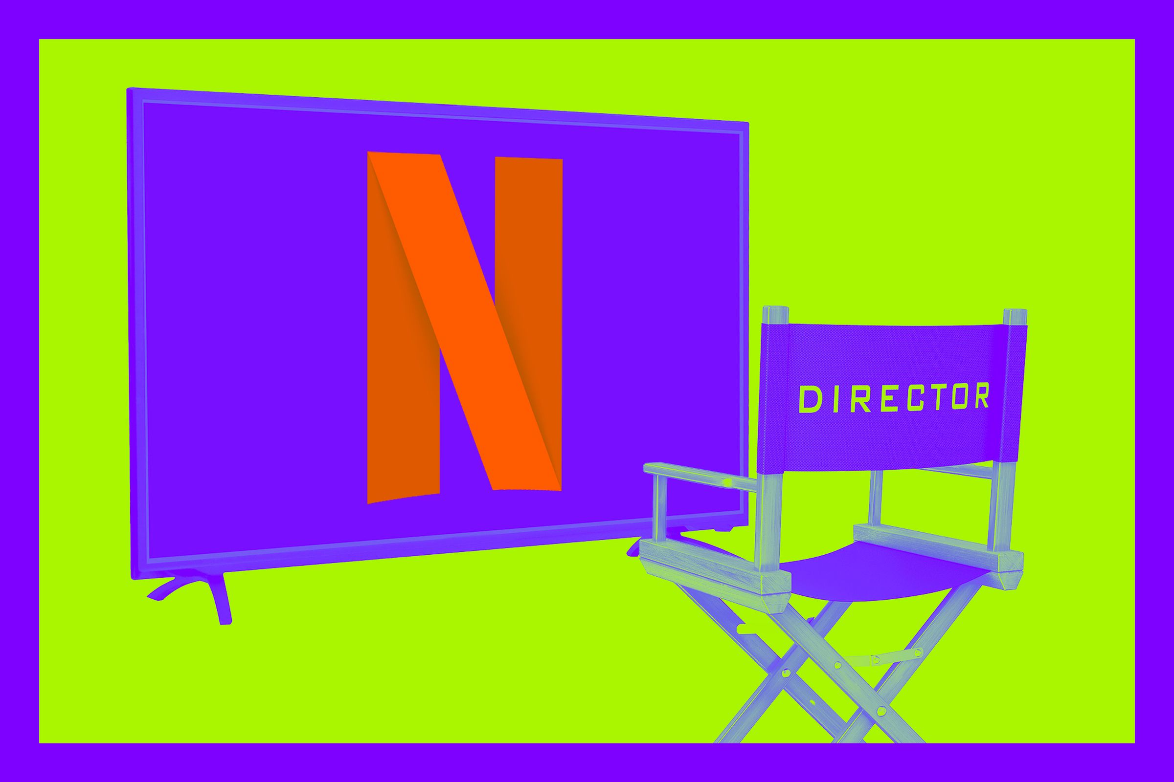 an empty directors chair in front of a TV with the Netflix logo