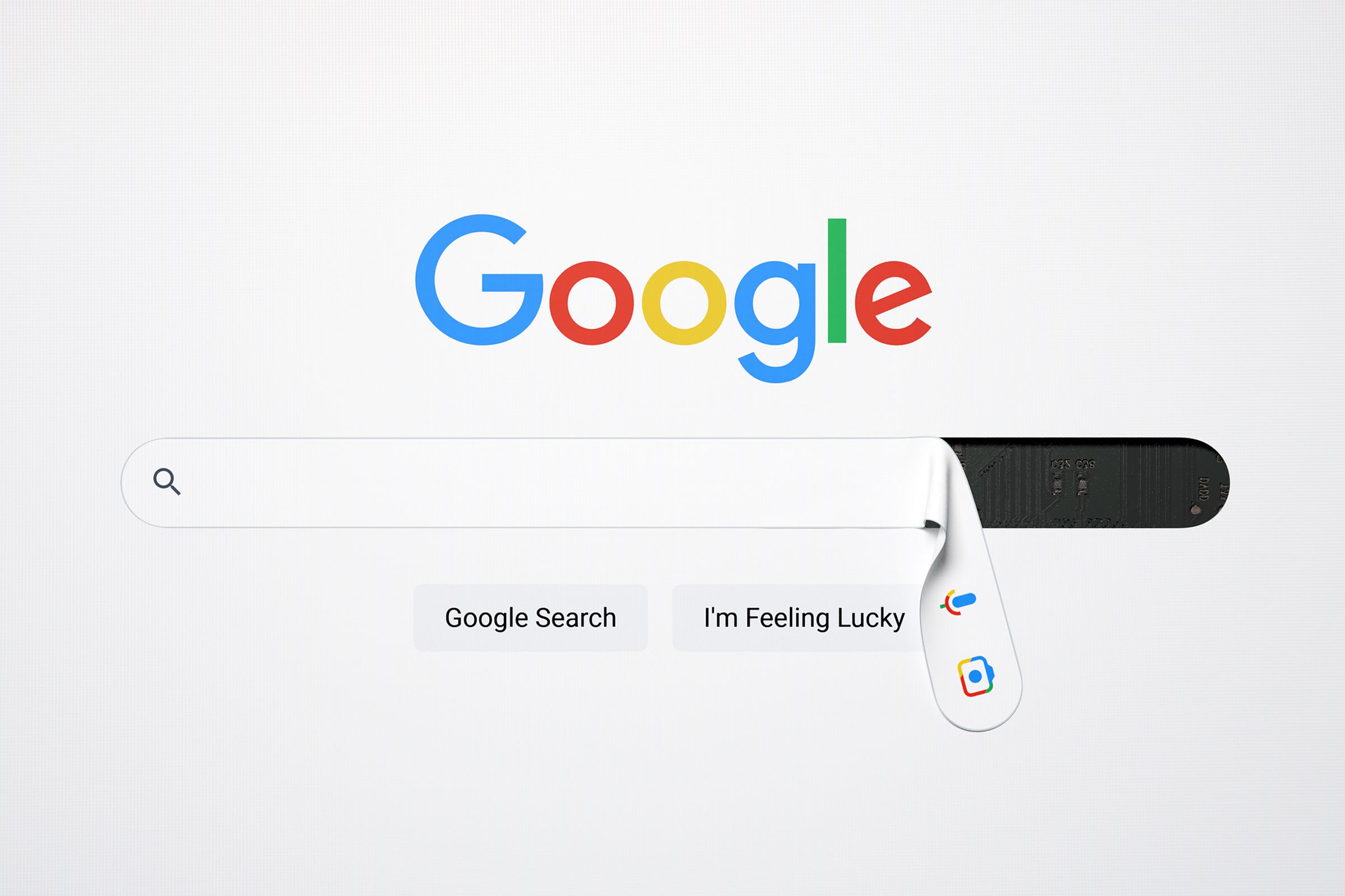 An illustration of the Google homepage that shows the search bar partially peeling off