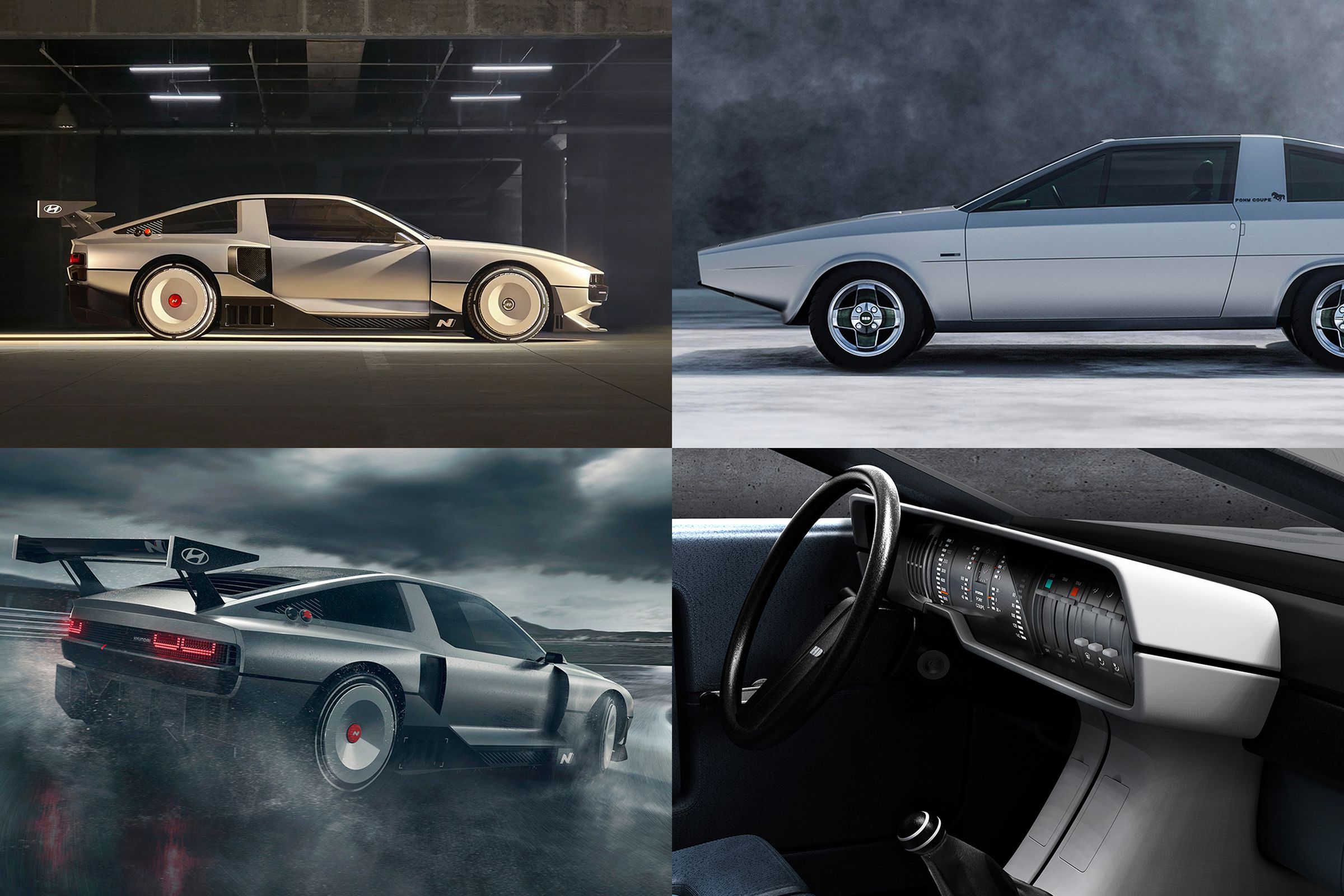 Foru images combined, showing clockwise from top left, the Hyundai N Vision 74 concept car, an external shot of the restored 1974 Hyundai Pony Coupe concept, an internal shot of the gauges in the Pony Coupe concept, and the Hyundai N Vision 74 EV again.