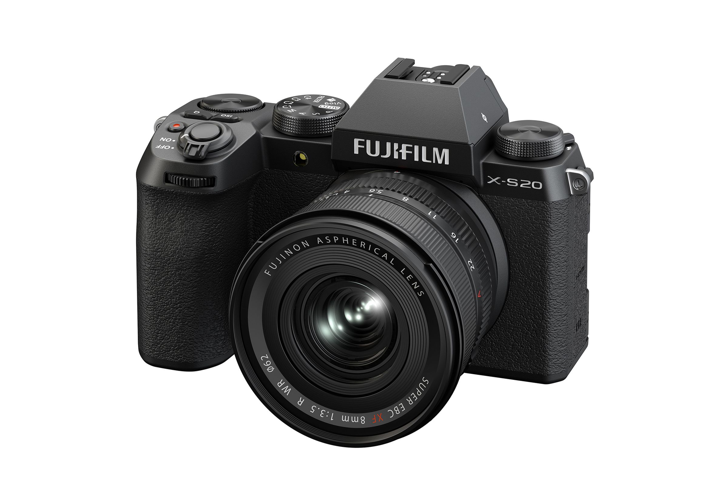 The Fujifilm X-S20 camera with an 8mm lens mounted on it, in front of a white background.