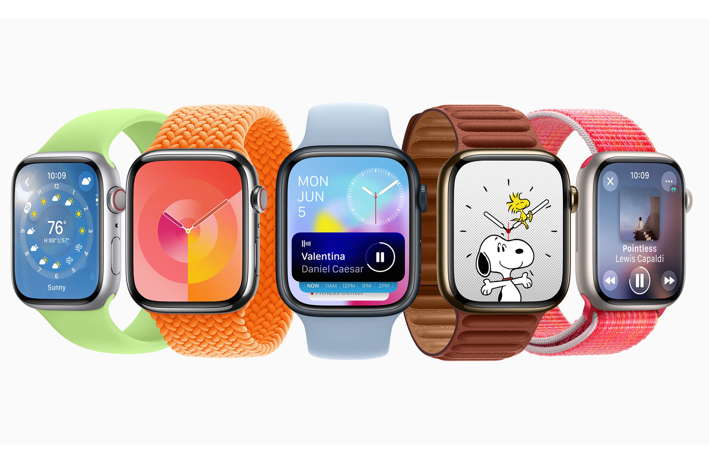 Render of Apple Watch showing various screens of watchOS 10