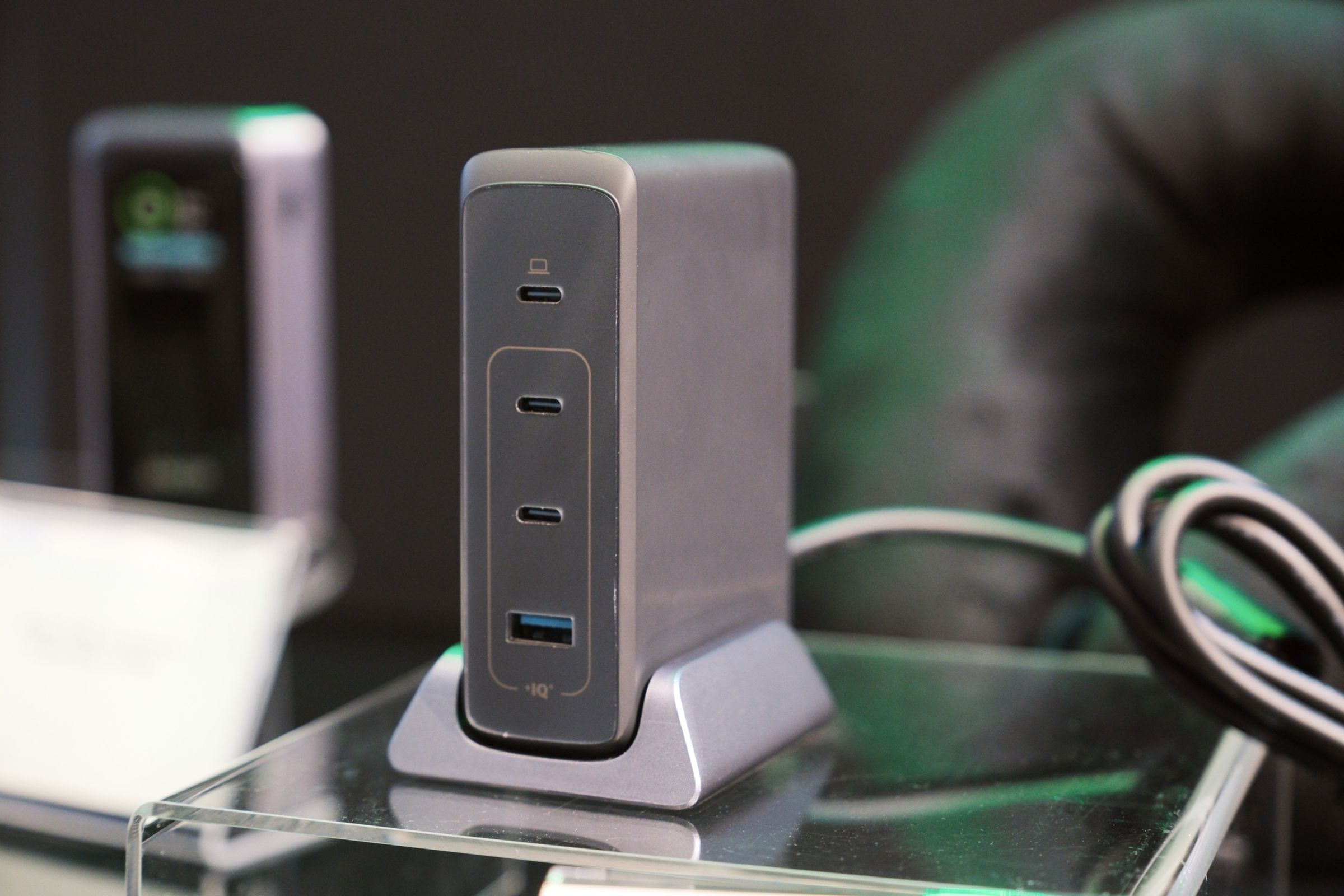 Charging brick with four USB ports standing vertically