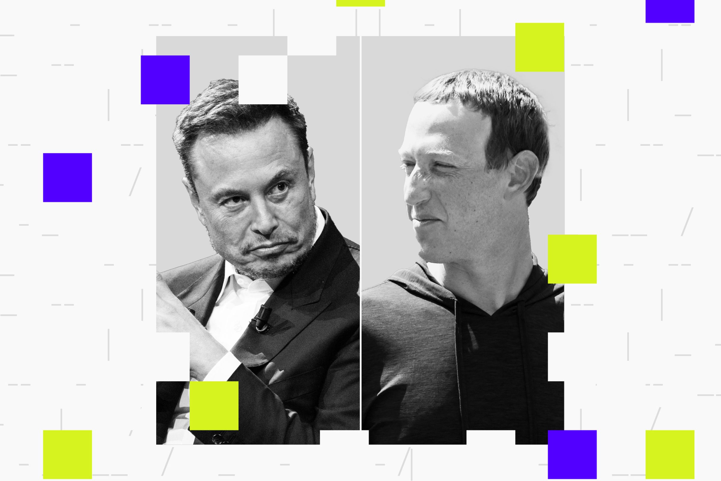 Photos of Elon Musk and Mark Zuckerberg.