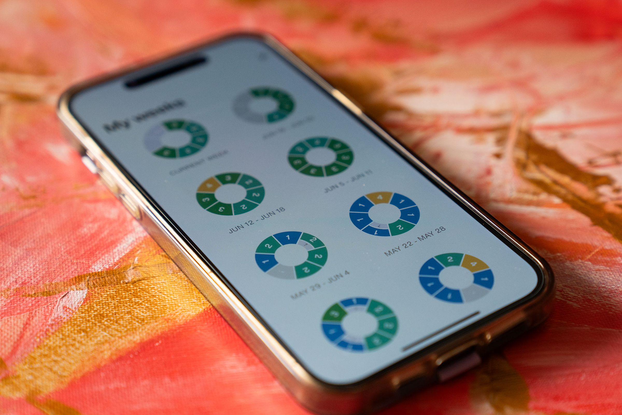 Phone with screenshot of Lumen app showing eight weeks worth of readings.