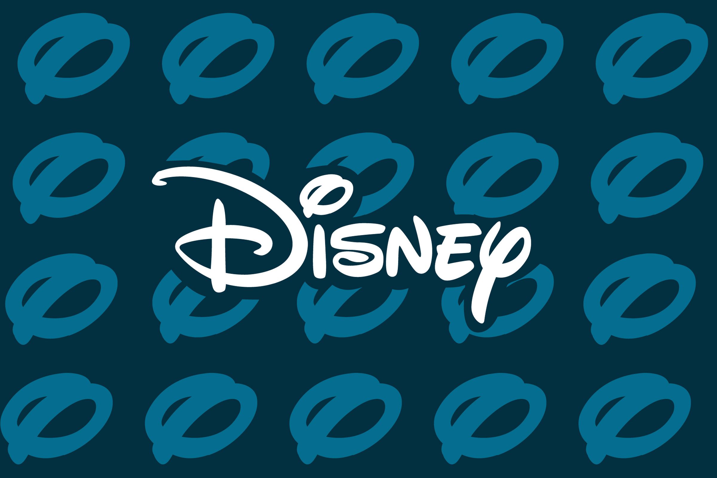 The Disney logo over a blue and black background with tiled circles in the style of Disney’s logo.