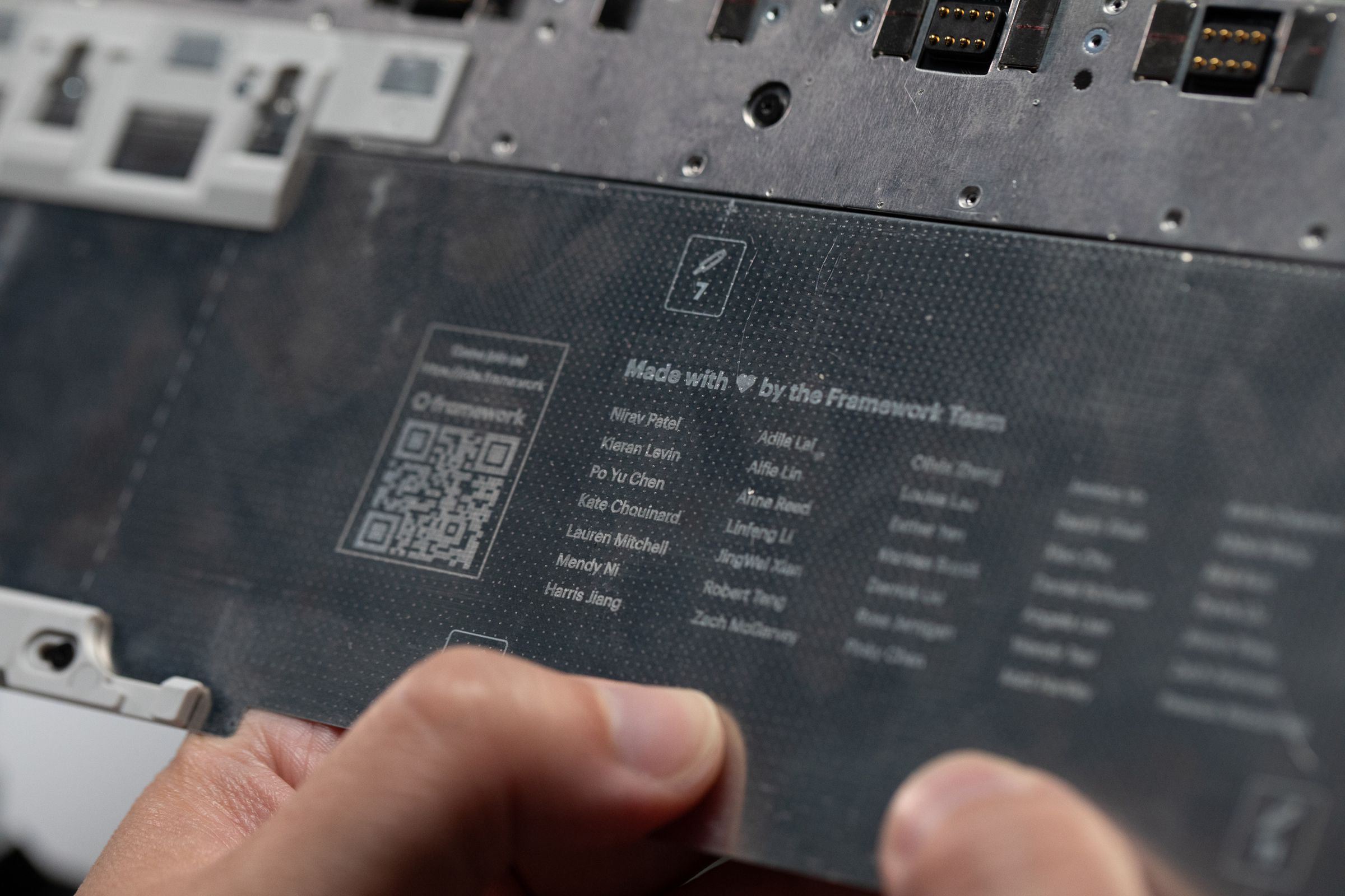 The Framework Laptop 16’s midboard is “signed” by members of the team.