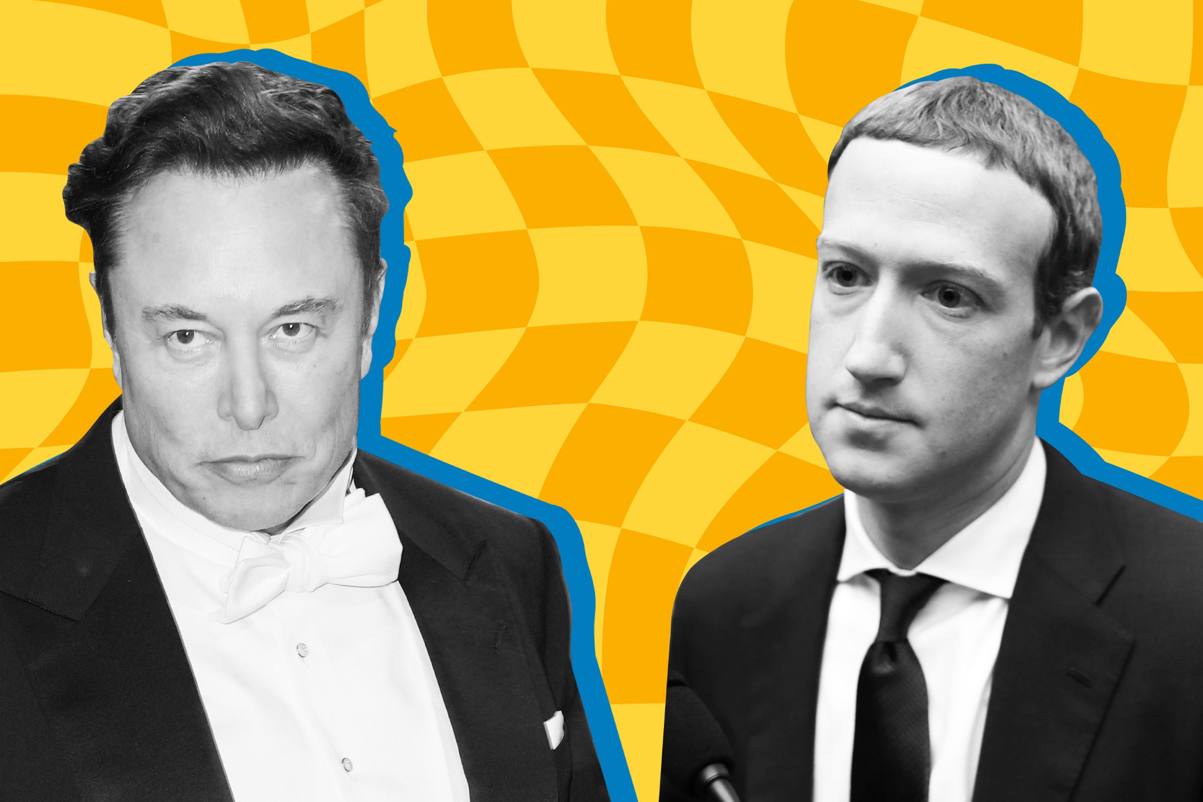 Black and white images of Elon Musk (left) and Mark Zuckerberg (right) superimposed on a wavy, orange-and-yellow checkerboard pattern.