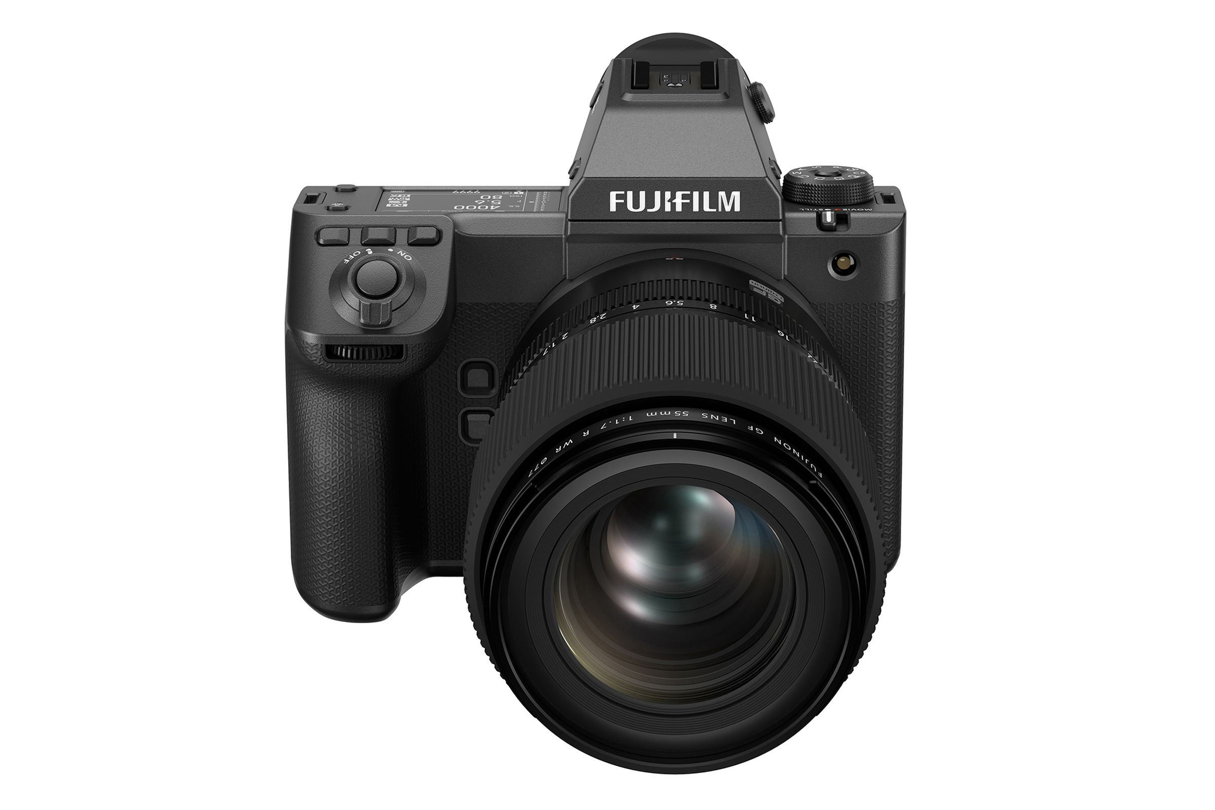 The Fujifilm GFX100 II medium format mirrorless camera with a 55mm f/1.7 lens attached, on a white background.