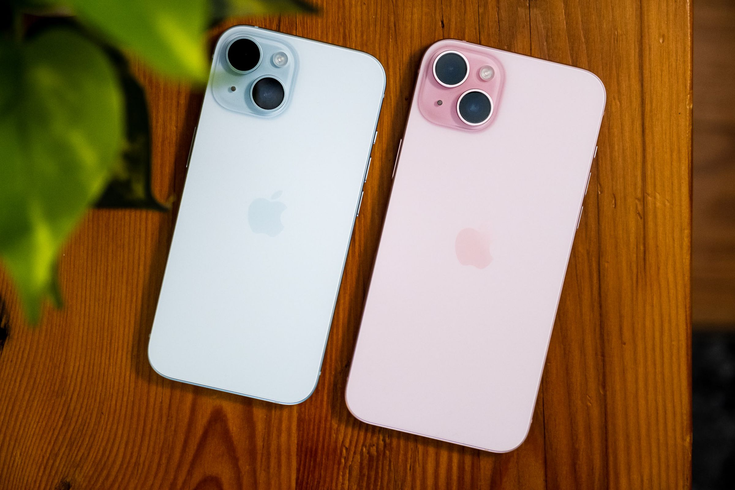 A blue iPhone 15 face down next to a pink iPhone 15 Plus face down.