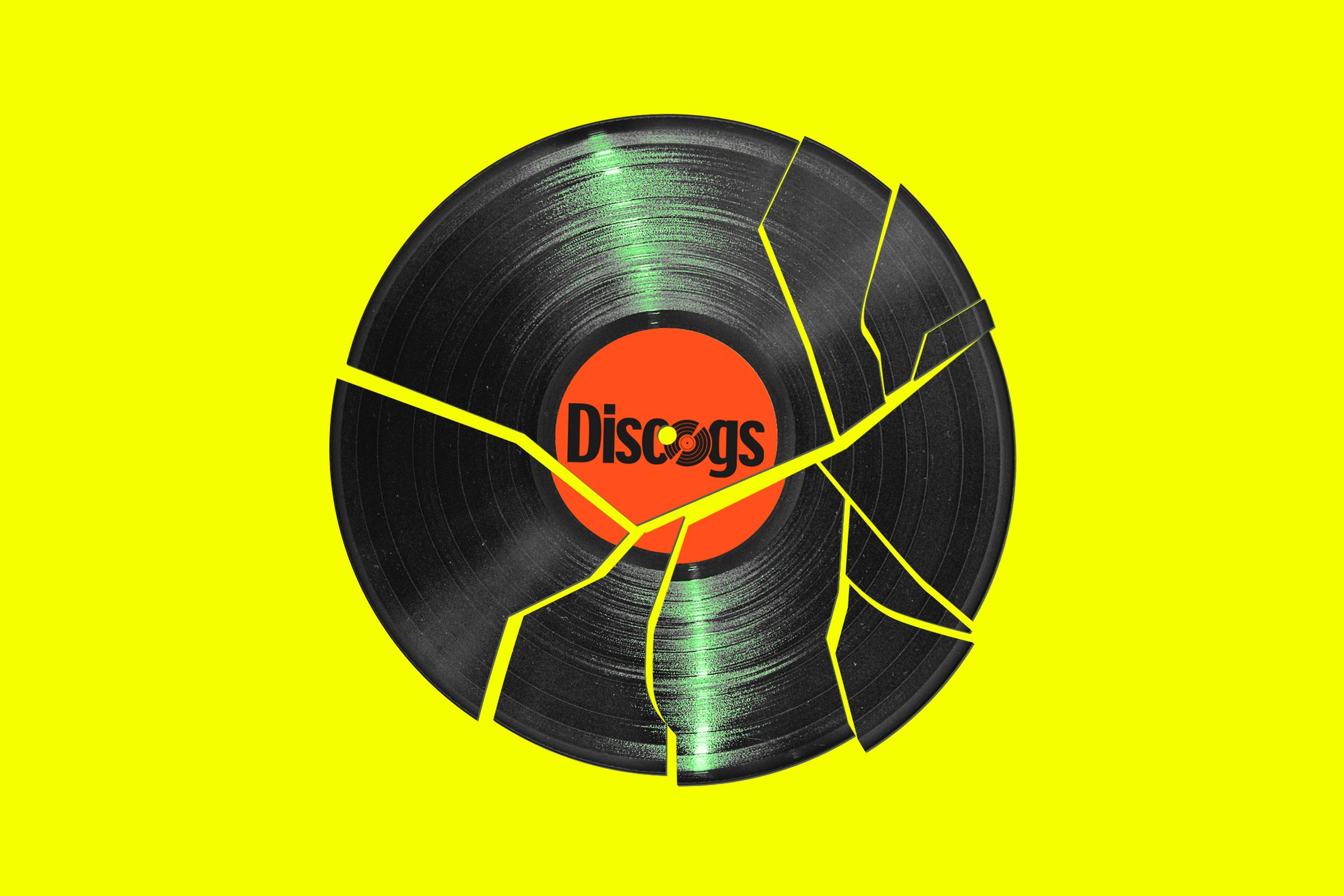 Photo illustration of a broken vinyl record with the Discogs logo.