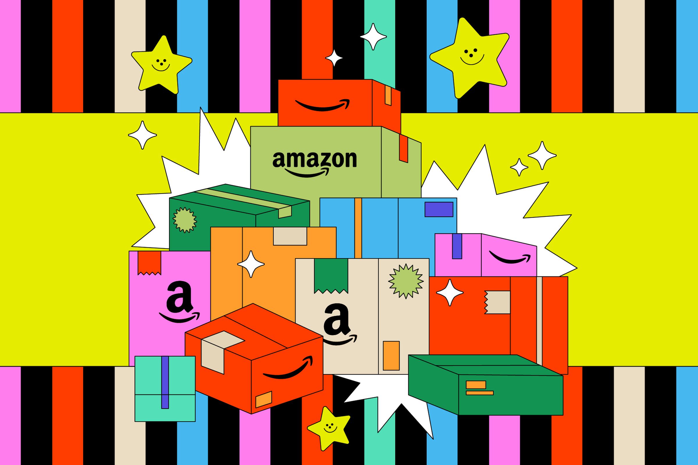 Colorful animation of Amazon packages stacked.