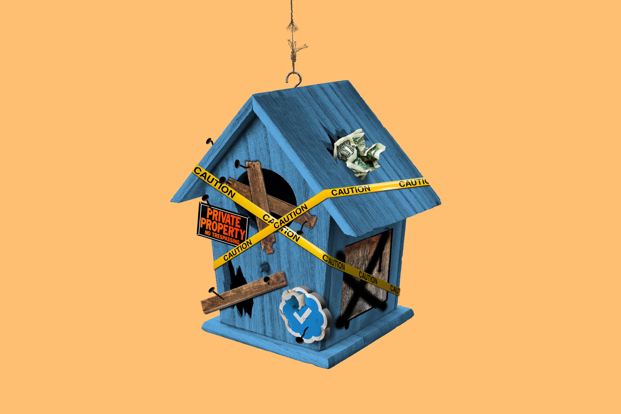 Photo illustration of a condemned birdhouse, covered in graffiti and caution tape.