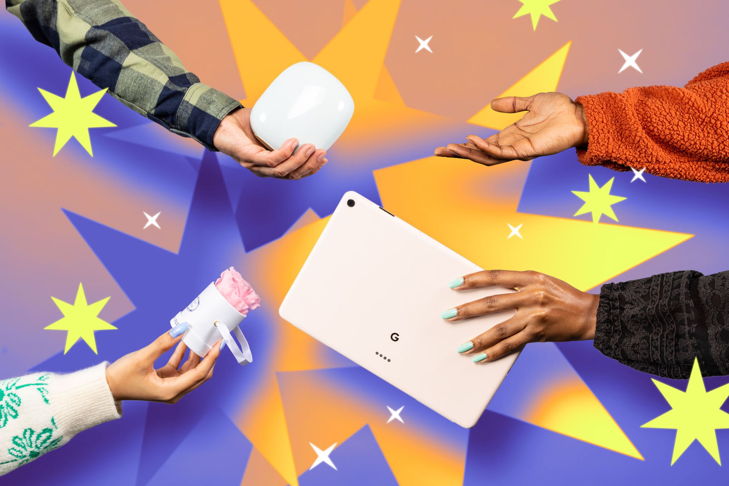 Hands holding different products on a graphic background of brightly colored stars.