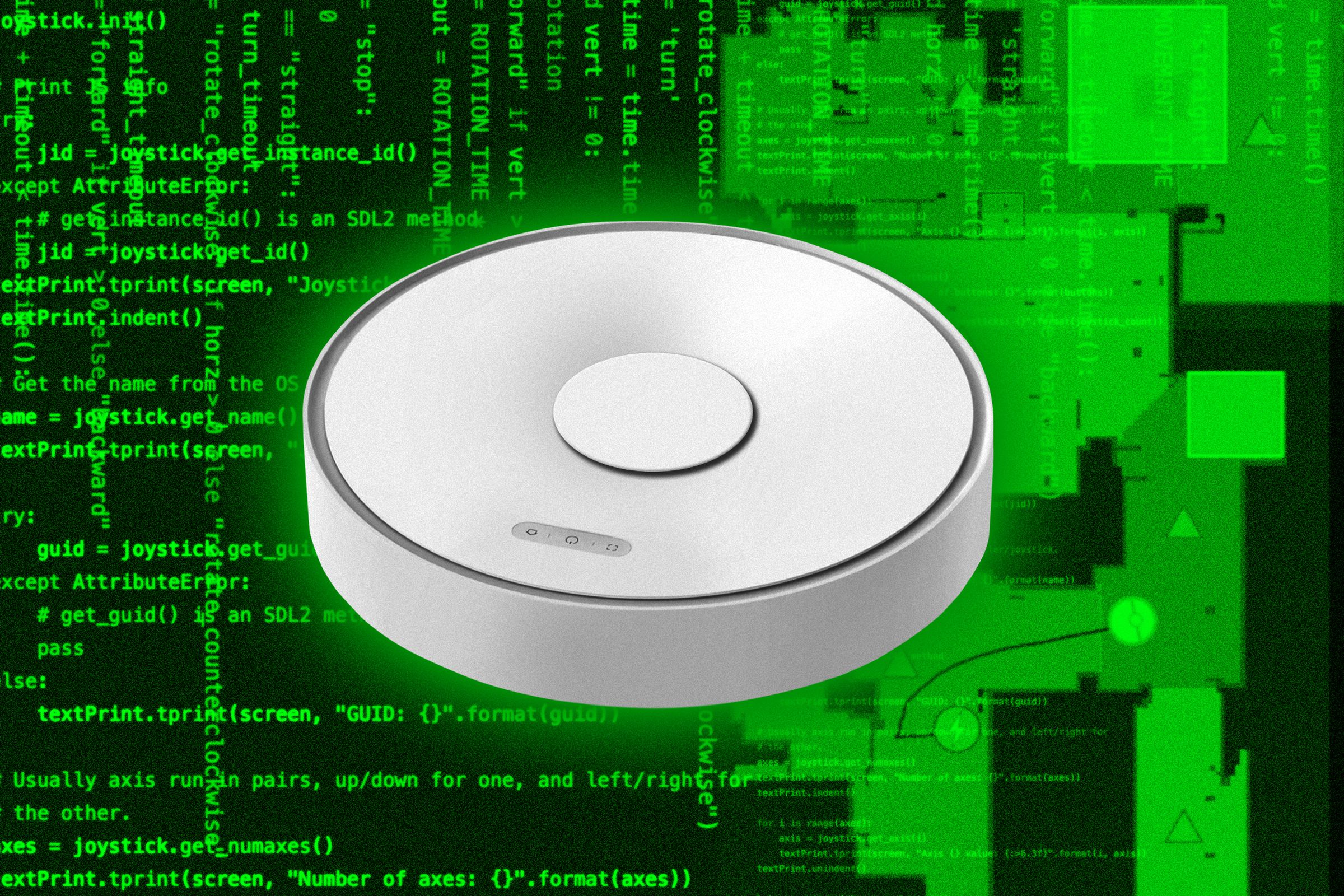 Photo illustration of a robot vacuum with hacker imagery in the background.