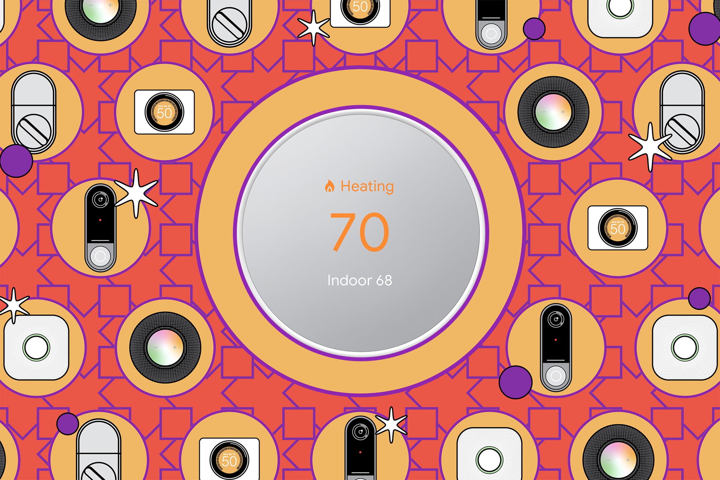 Vector illustration of a Nest Thermostat on a graphic background.