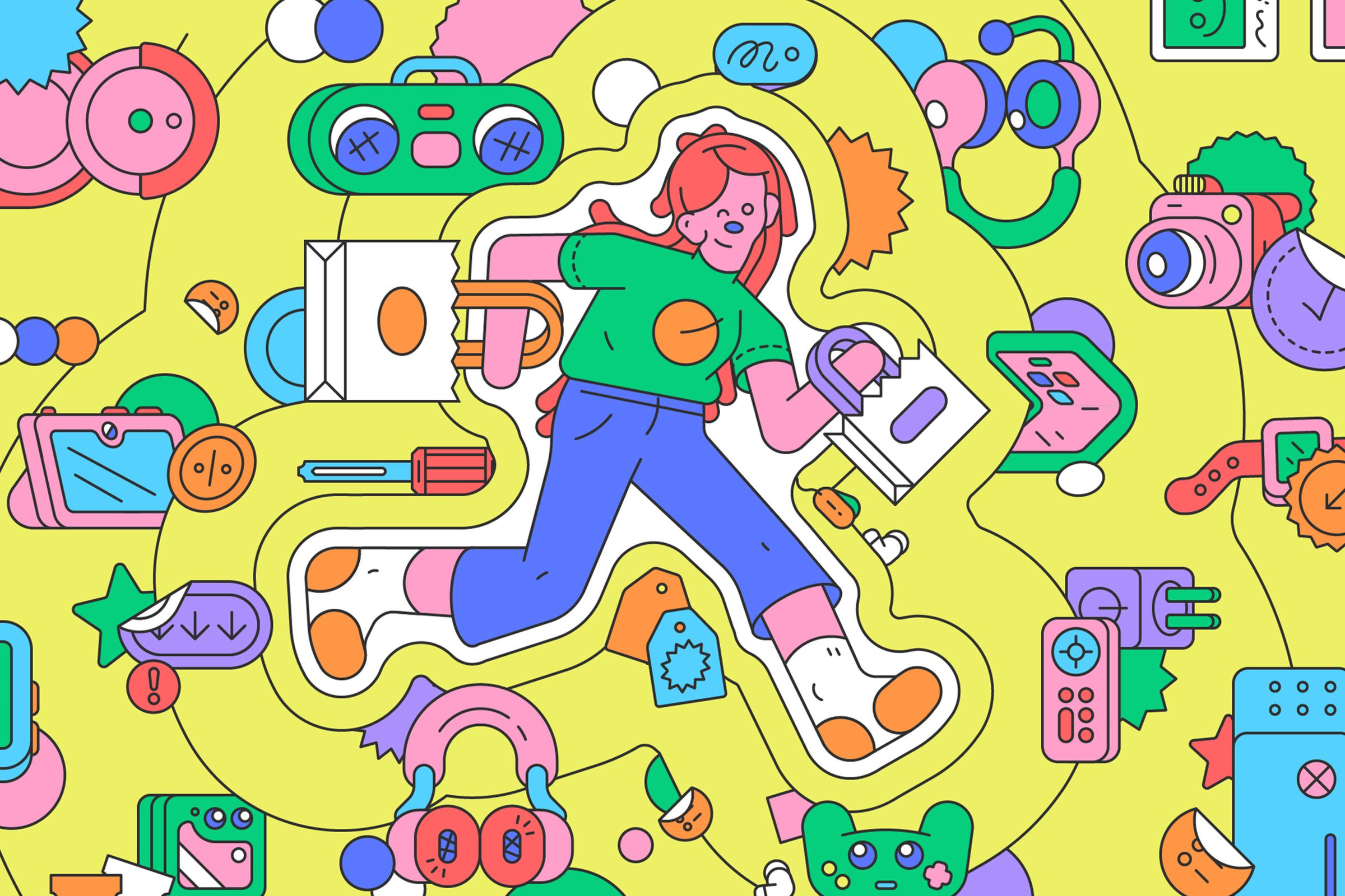 Brightly colored vector illustration of a person surrounded by Black Friday deals.