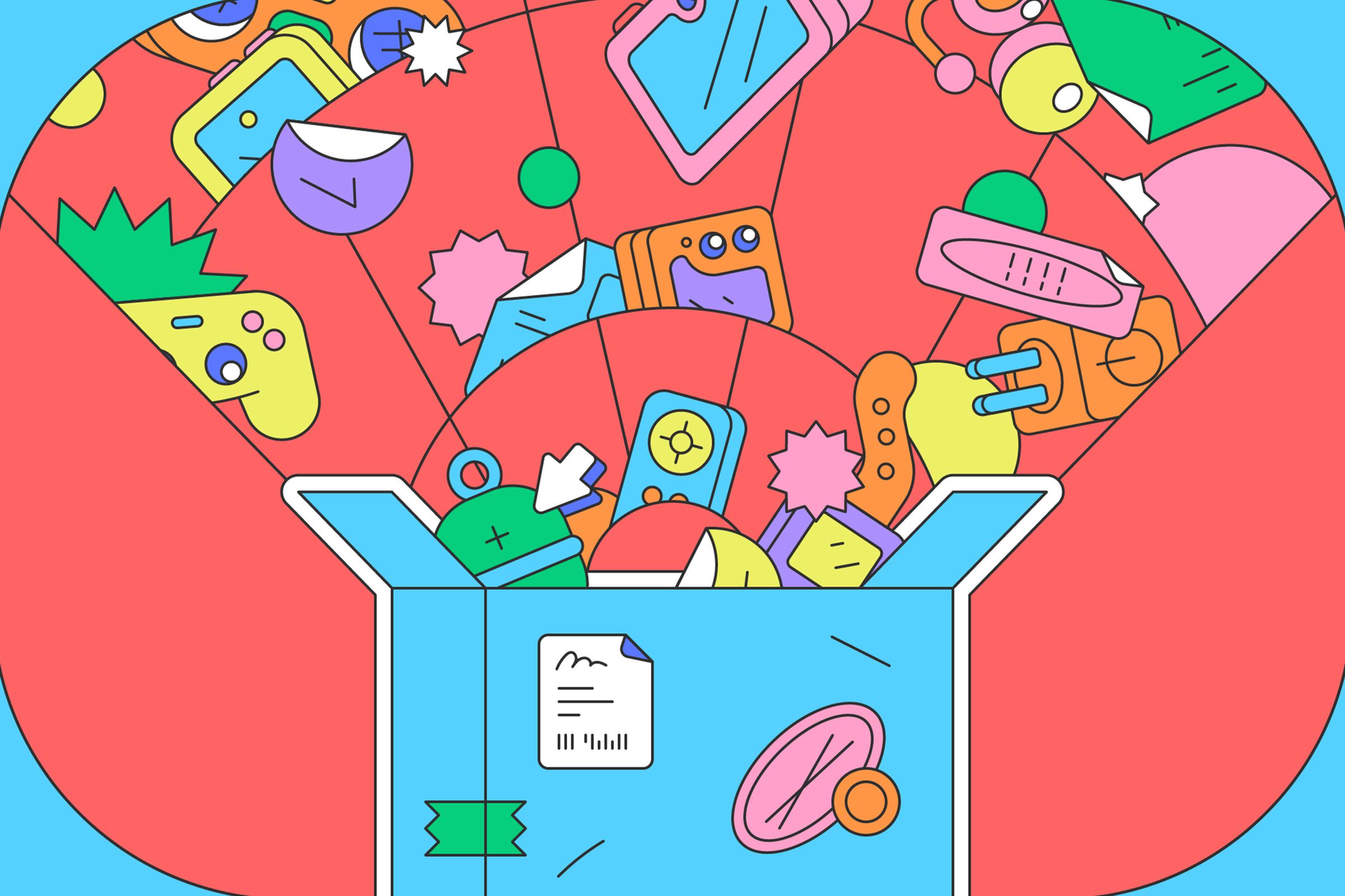 Brightly colored vector illustration of a products bursting out of a delivered box.