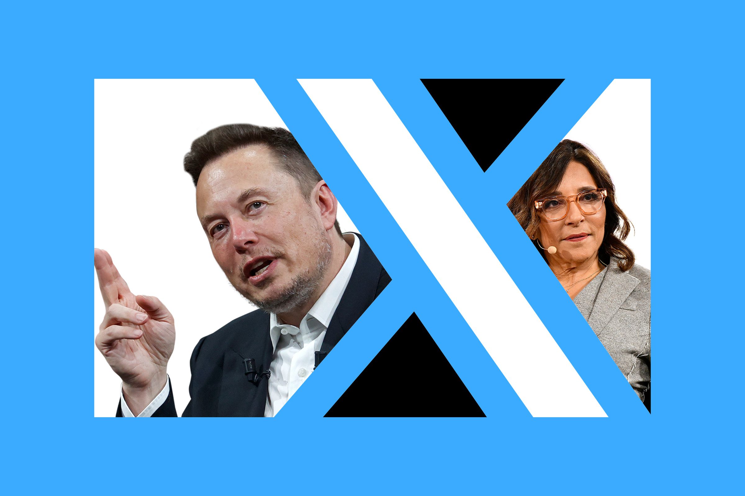Graphic photo illustration of Elon Musk and Linda Yaccarino in the negative space around the X logo.
