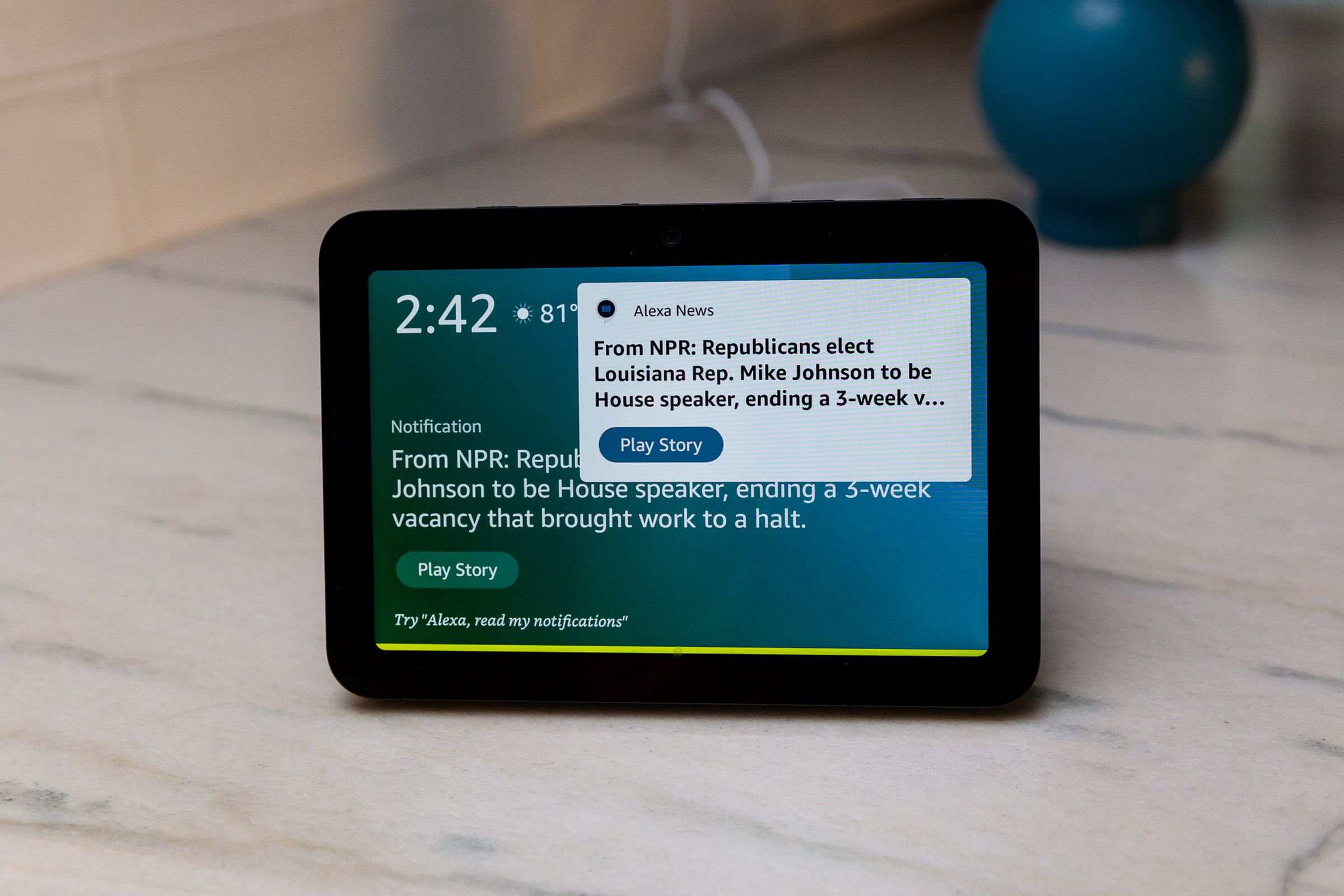 Alexa can alert you to breaking news. You can also turn this feature off in the smart display’s on-device settings.