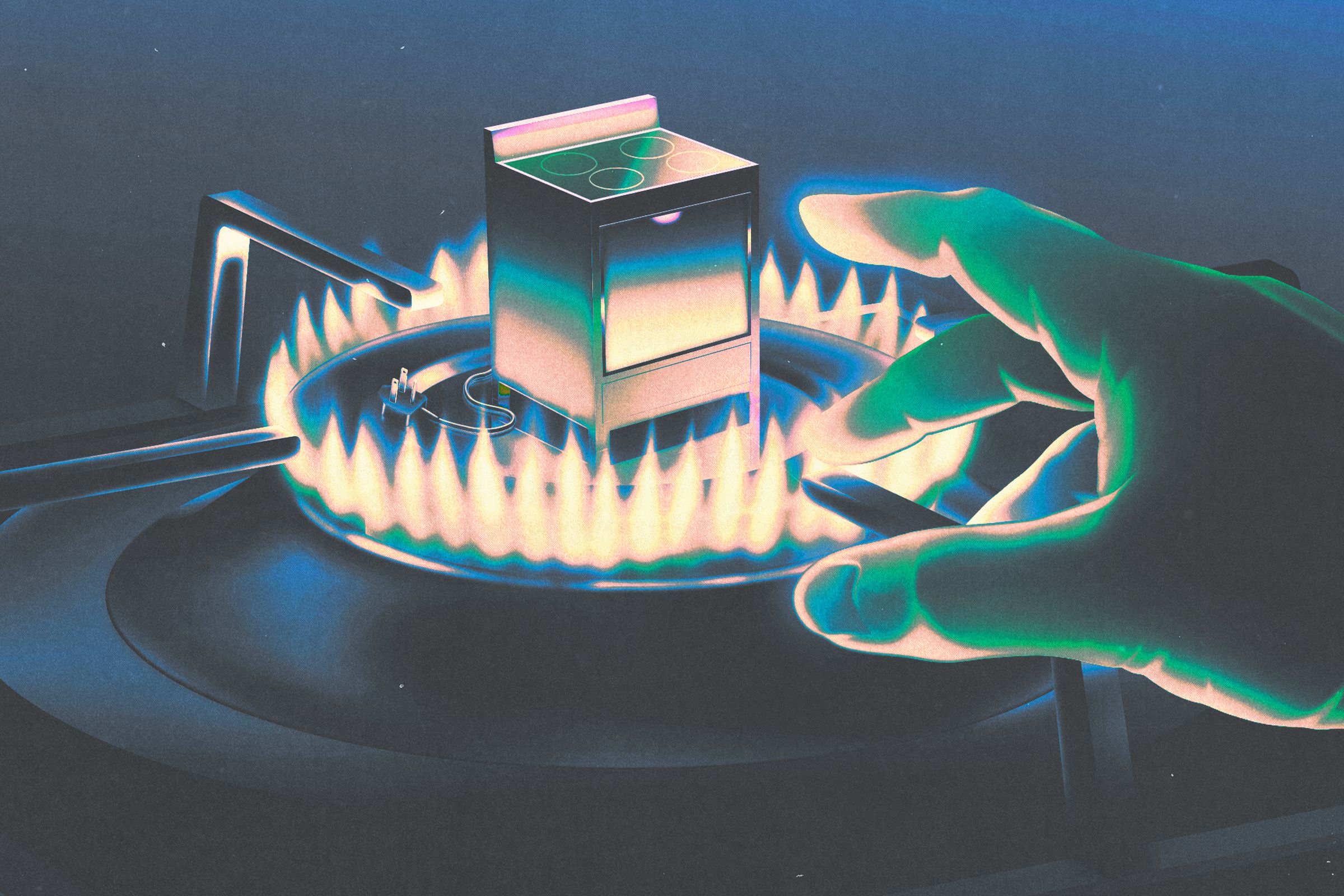 Conceptual illustration of a miniature electric stove within the confines of a lit gas burner. A hand is reaching for the electric stove but risks being burned by the flame. The image is intended to communicate the inaccessibility of electric appliances for renters.