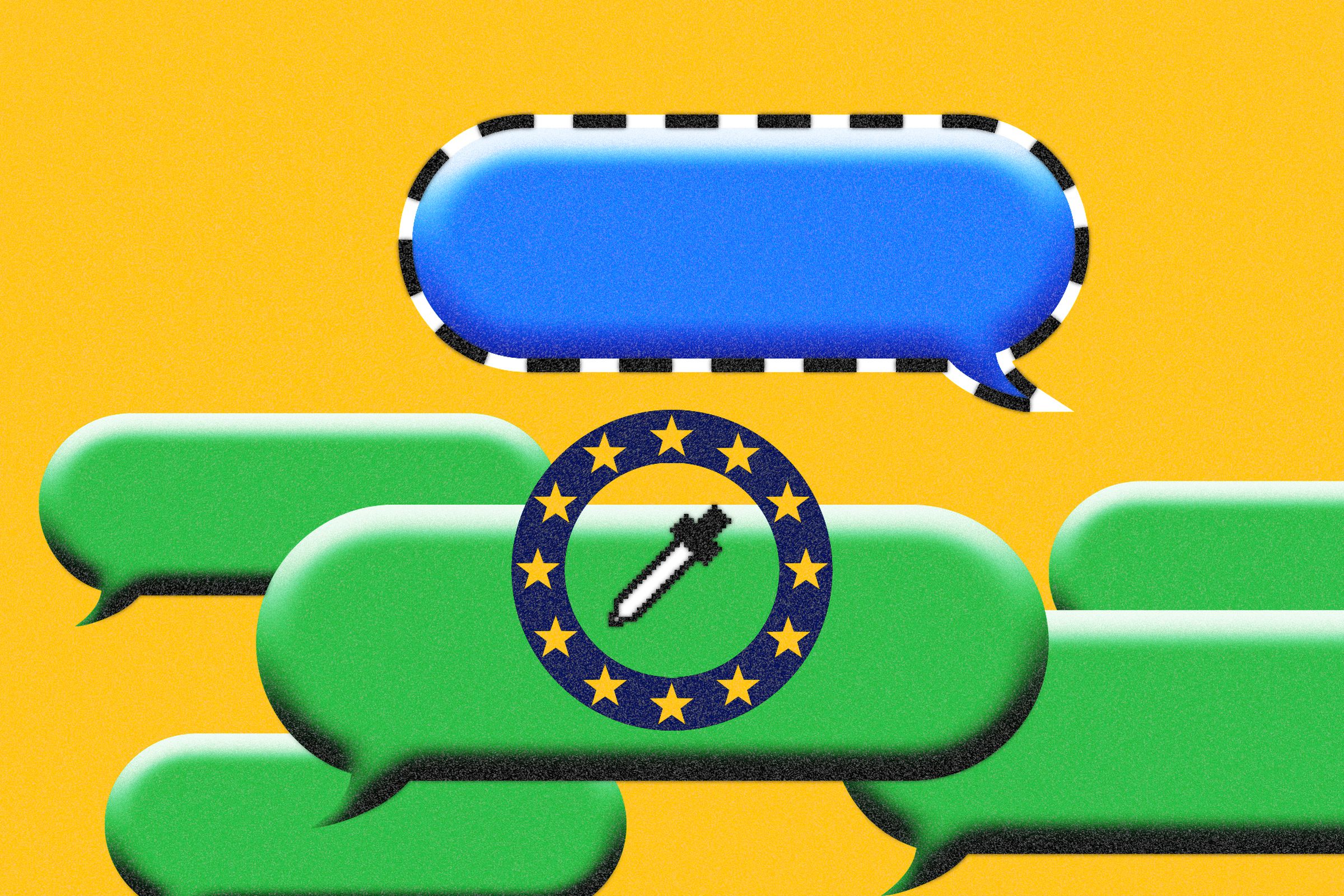 Illustration of a blue iMessage bubble selected to have its color changed by a digital colorpicker picking up the color green, to show the pressure on Apple to open up iMessage.