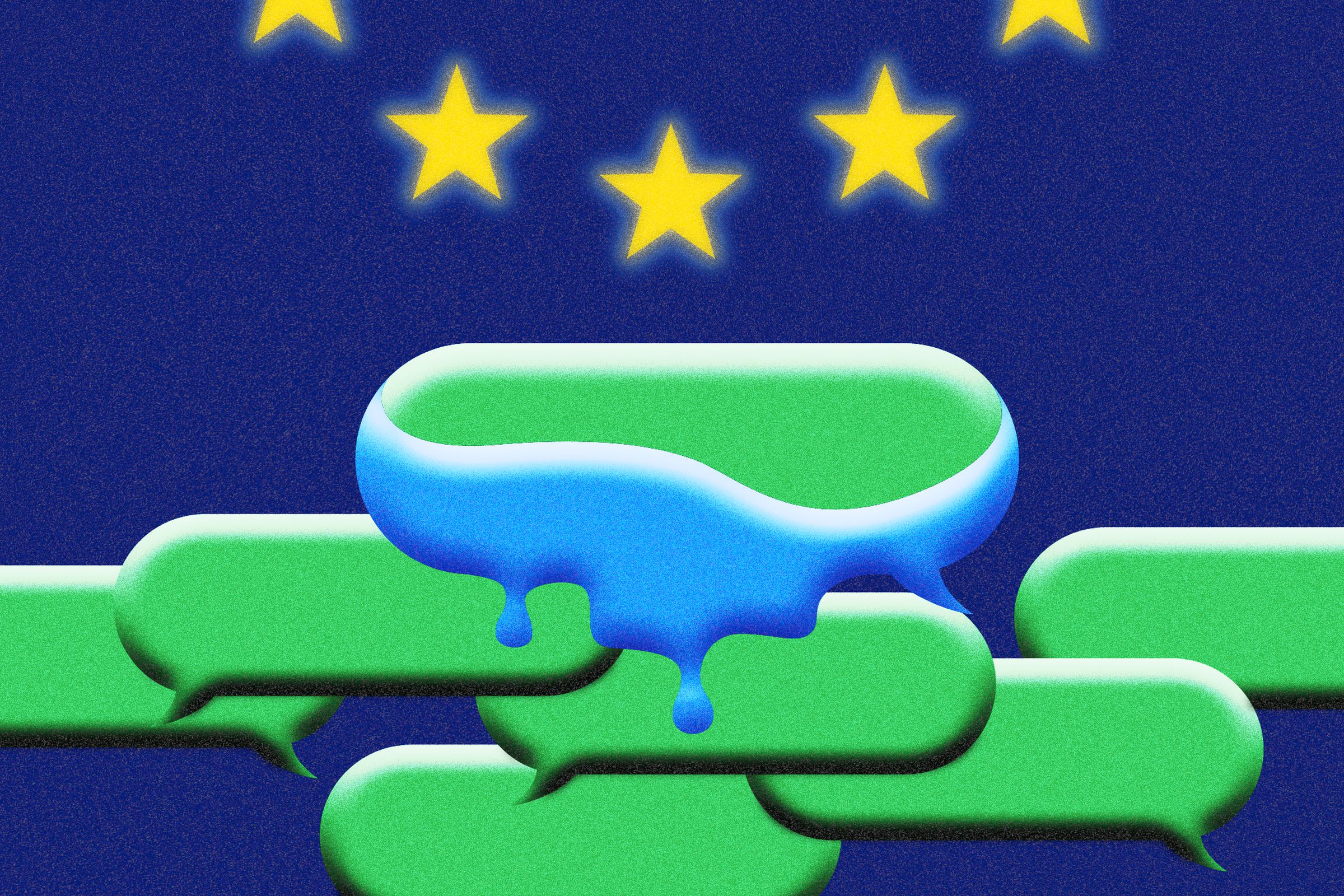 Illustration of the stars of the European Union melting the blue color off of an iMessage bubble, to show the pressure on Apple to open up iMessage.