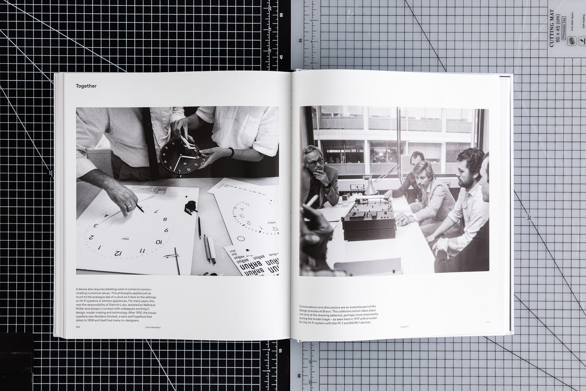 Plenty of archival material is used throughout the book. On the left, product labeling on a clock face is evaluated — Braun has relied on the Akzidenz-Grotesk typeface since 1955. On the right, the team discusses a model of a future Hi-Fi system.