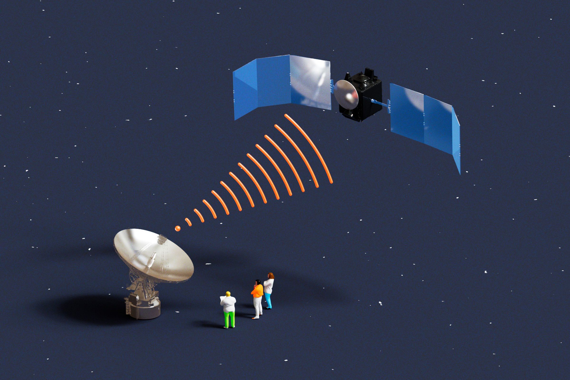 3D illustration of two satellites communicating with each other. 