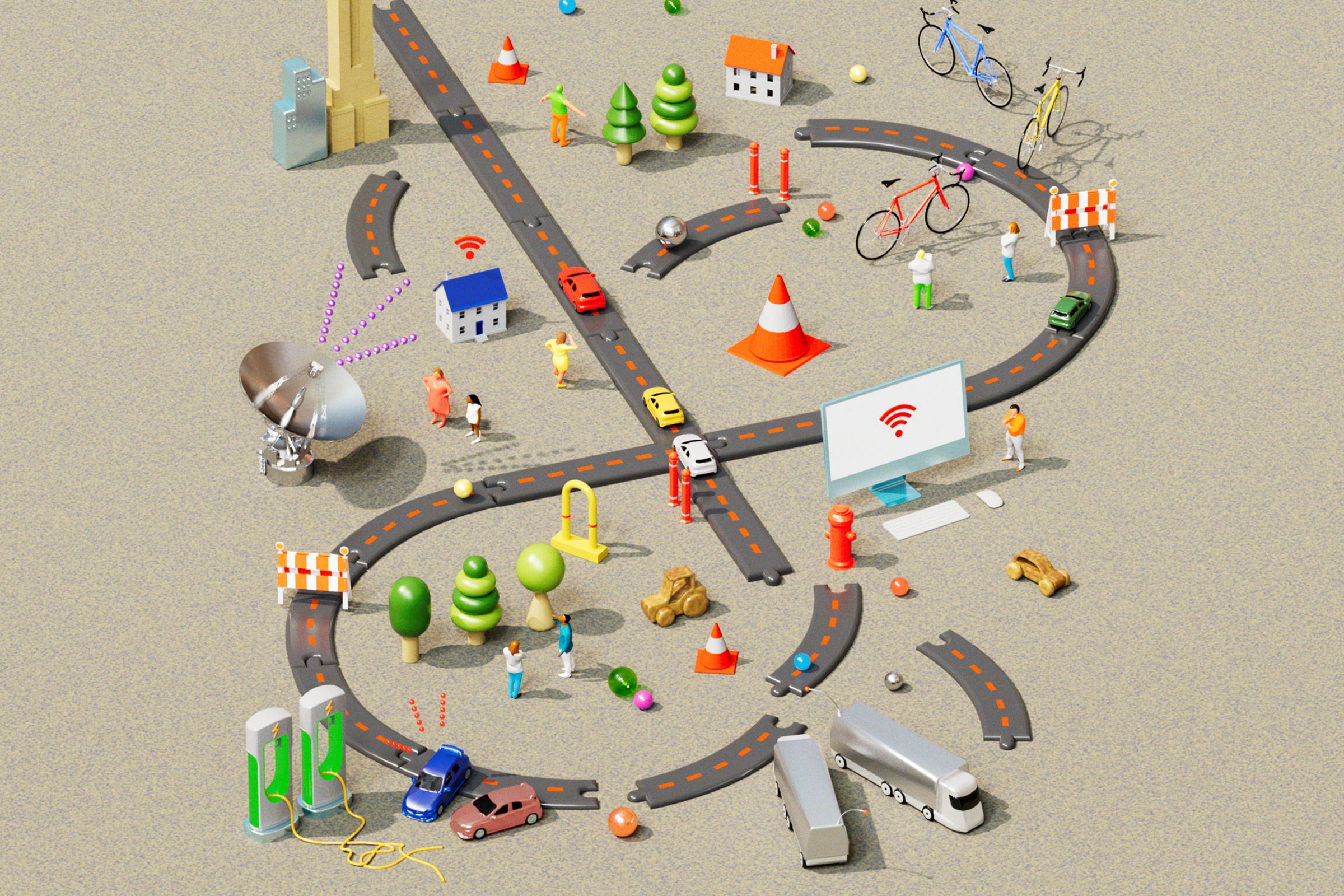 3D illustration of a sprawling scene of toy trucks, cars, electric chargers, tiny people, bikes, and satellites among a road playset that has yet to be put together properly.