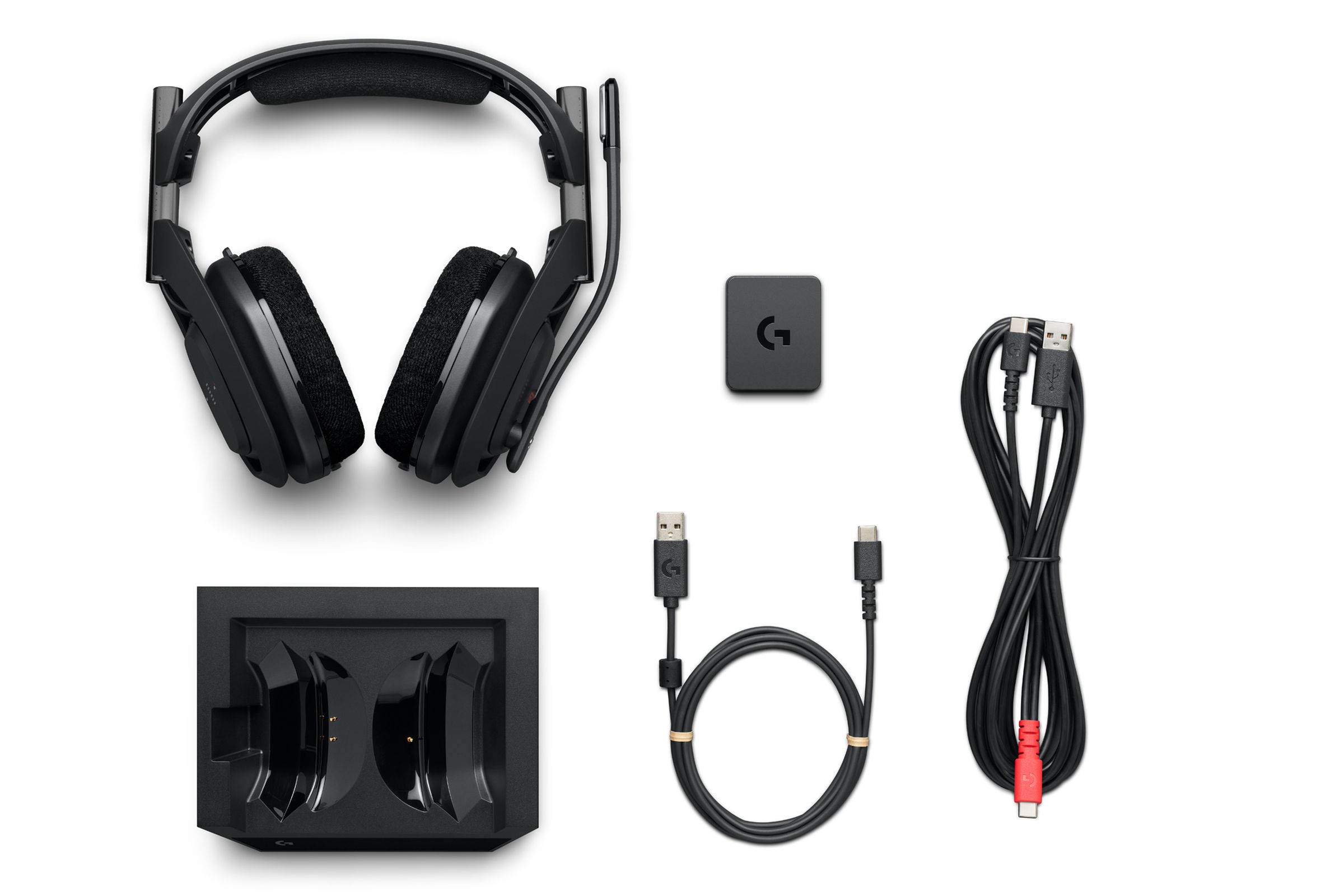 Each A50 X comes with its dock, receiver, and a double Y-style cable that connects to both a USB power source and your computer.