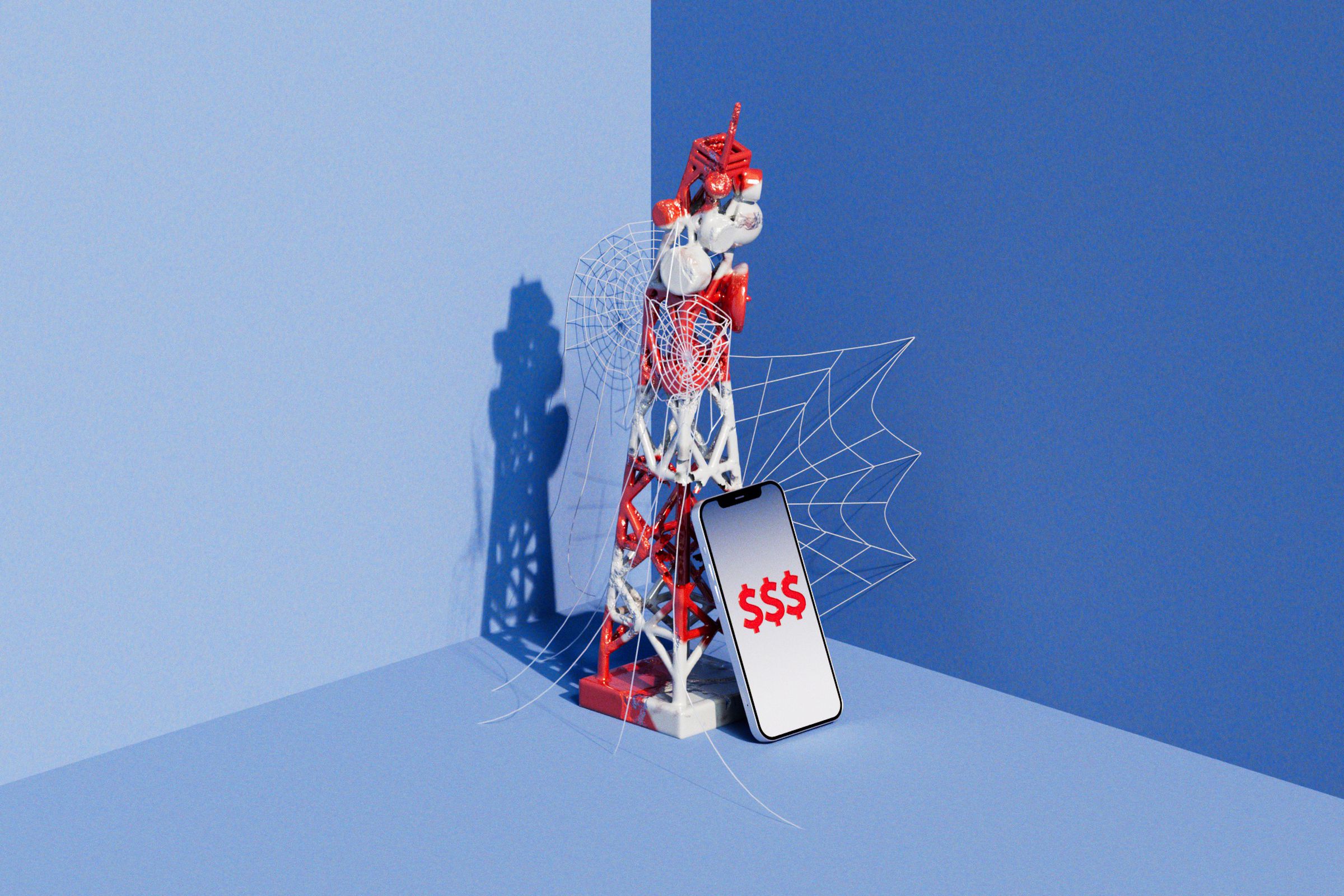 3D illustration of a 5G tower discarded in a corner covered in cobwebs.