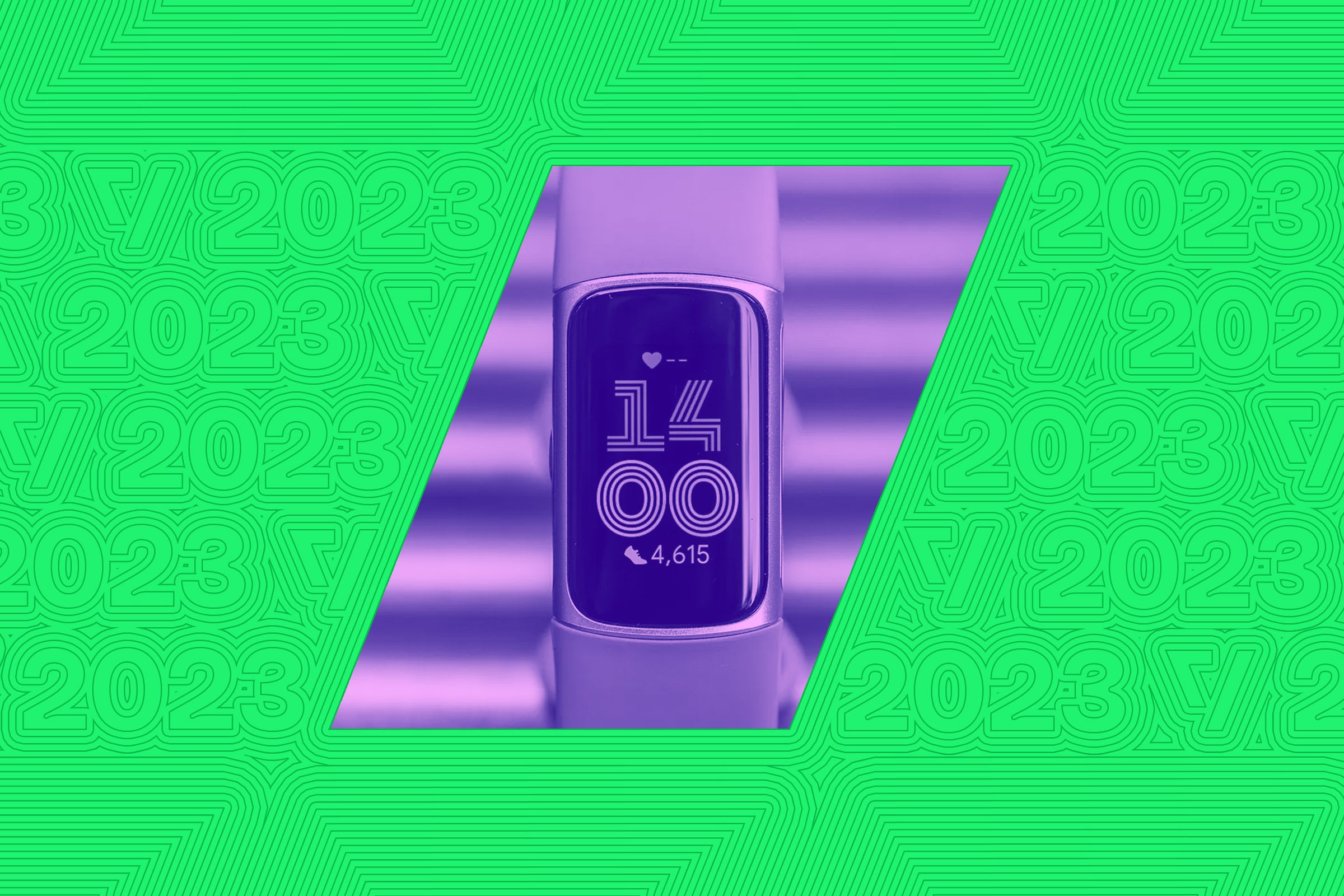 Vector collage including a photo of a Fitbit Charge 6.