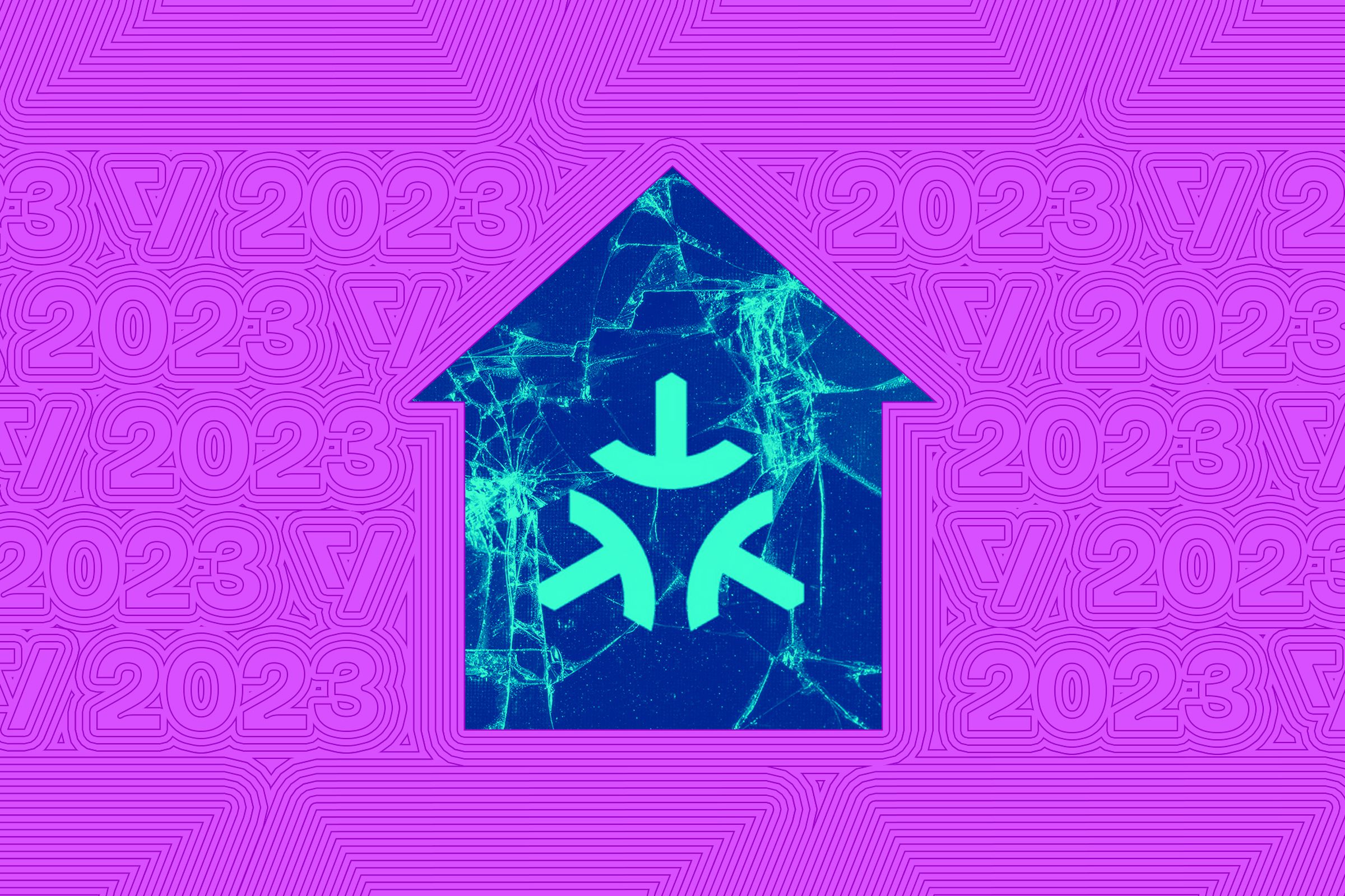 Vector collage of a smart home containing a broken Matter logo.