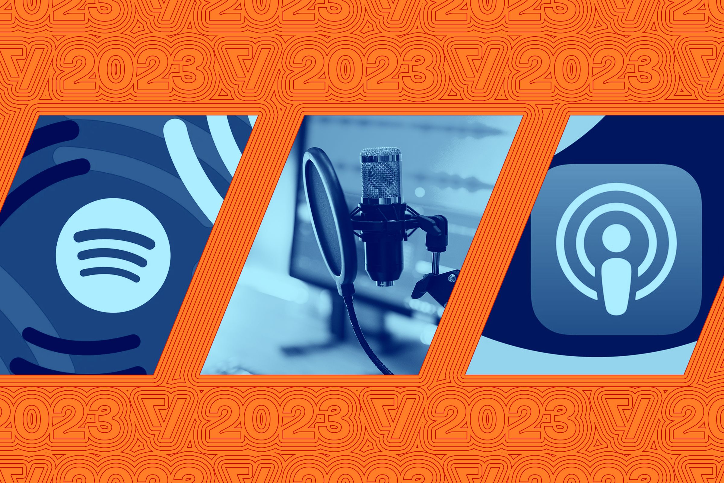Vector collage including images of a podcast microphone setup, the Spotify logo and the Apple Podcast logo.