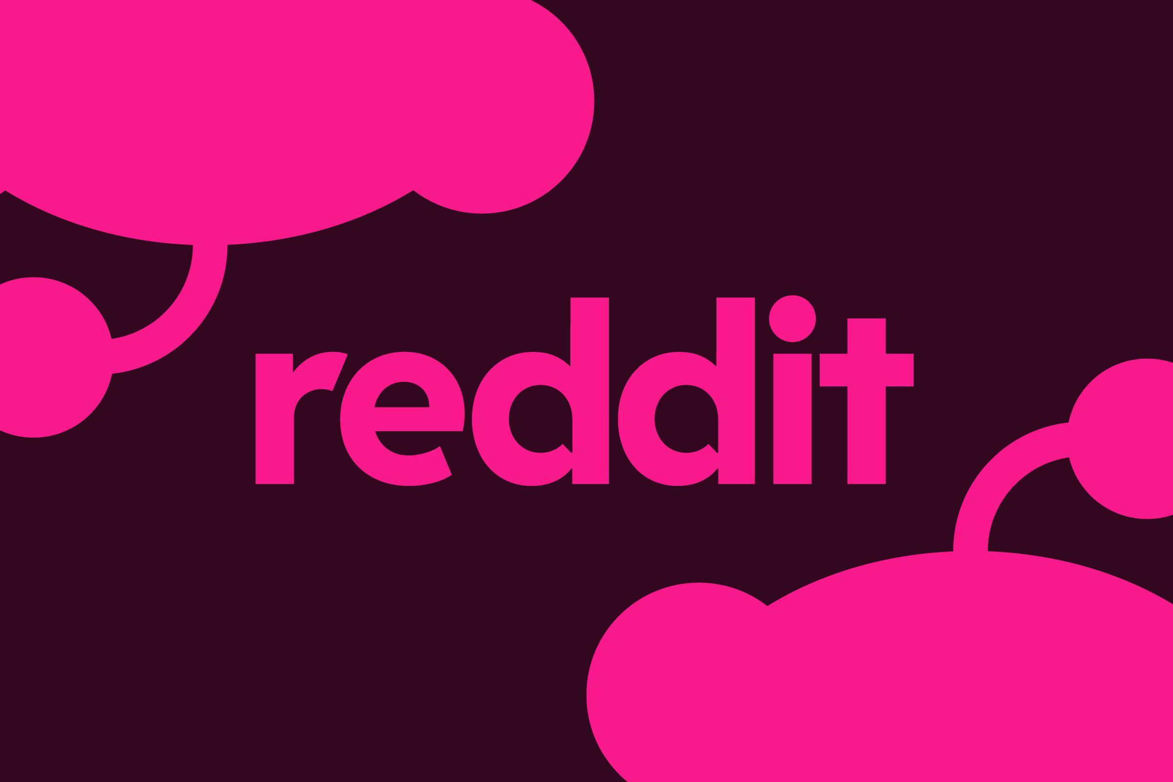 Pink text reading “reddit” with also pink portions of the Reddit alien’s head occupying the bottom right and top left corners of the image, the top one upside down, all on a black background.