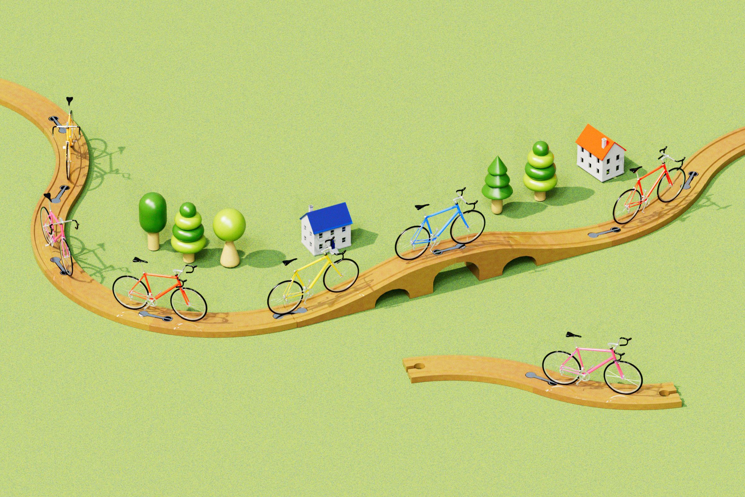 3D illustration showing a contrast between a community with a lot of bike infrastructure versus one without any.