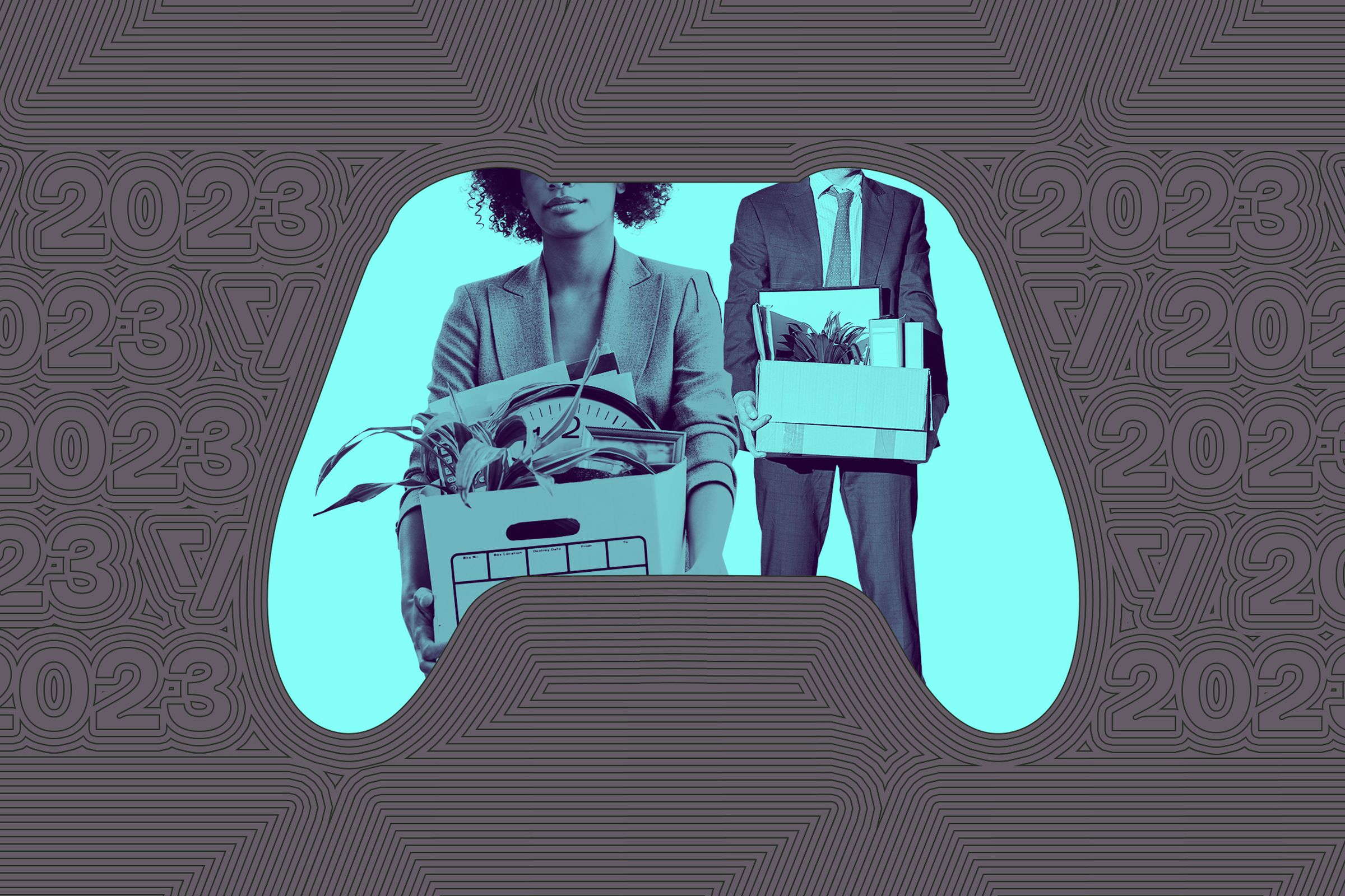 Vector collage showing two laid off workers in the shape of a video game controller.