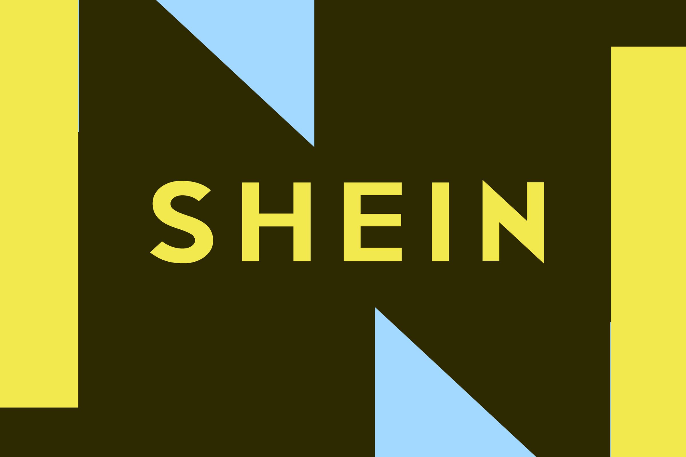 Shein logo over blue, yellow, and brown geometric background.