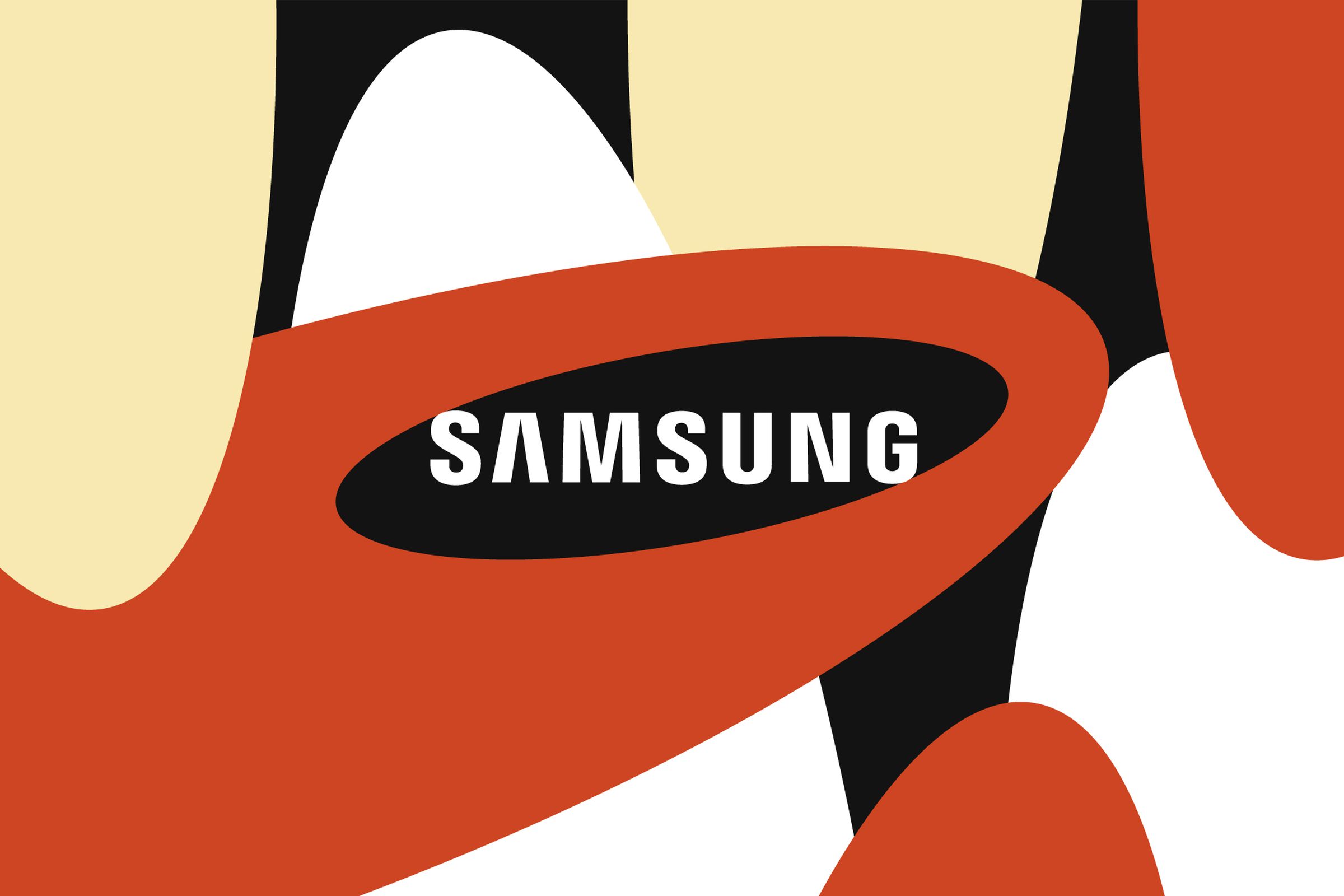 Samsung logo on red, white, black, and yello background