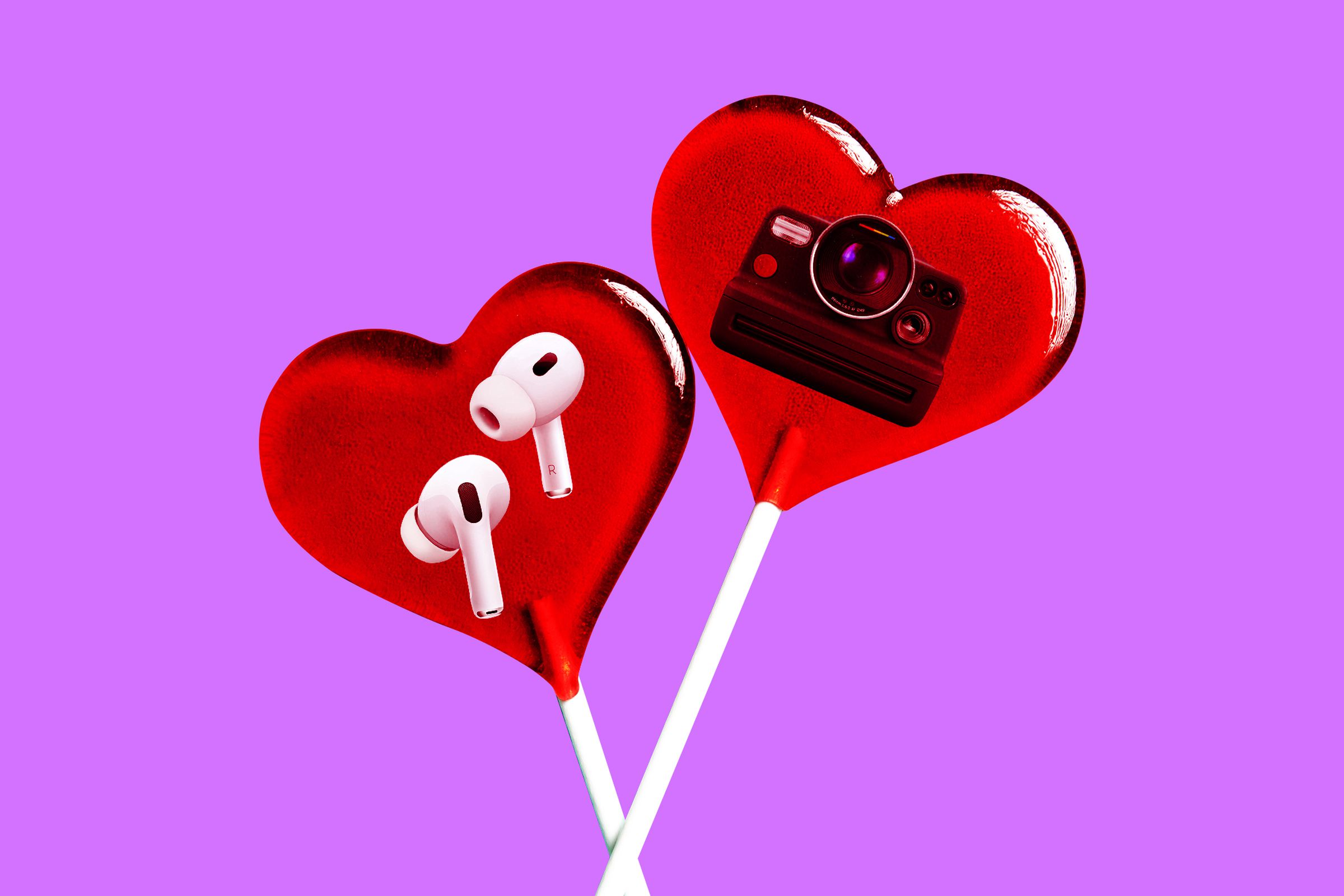 Photo collage of Apple AirPods and a Polaroid camera in two bright red heart-shaped lollipops.