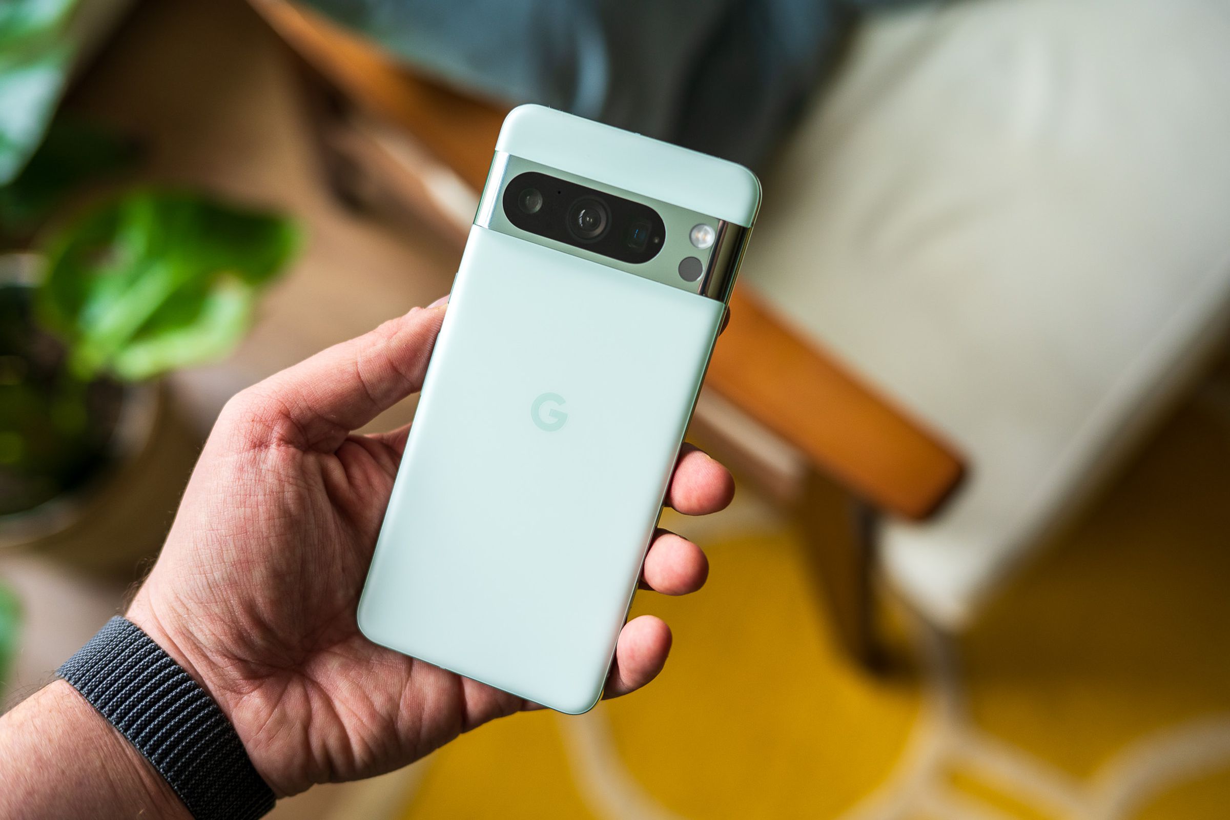 A photo of Google’s mint Pixel 8 Pro.